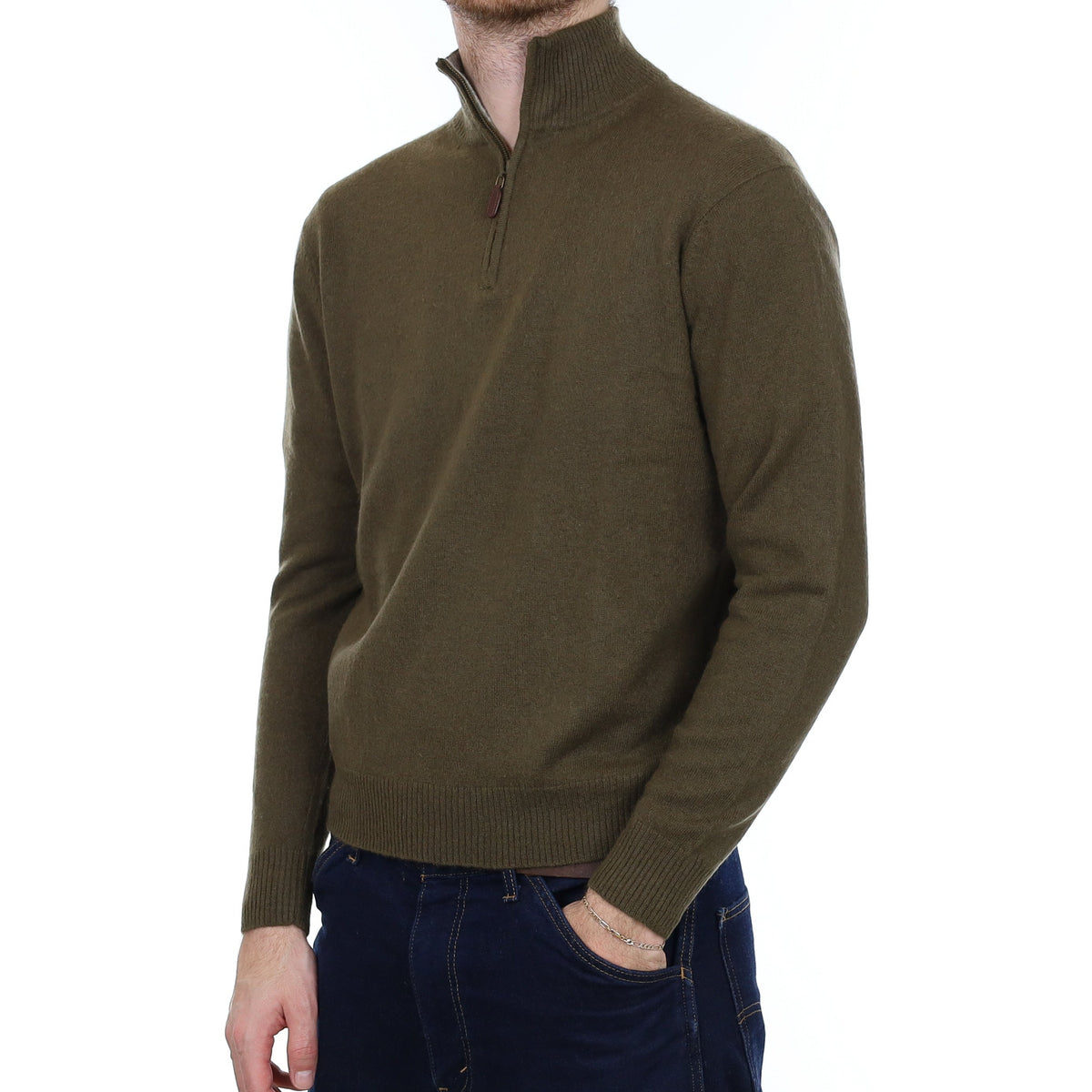 Men's Khaki Green Cashmere 1/4 Zip Jumper Medium