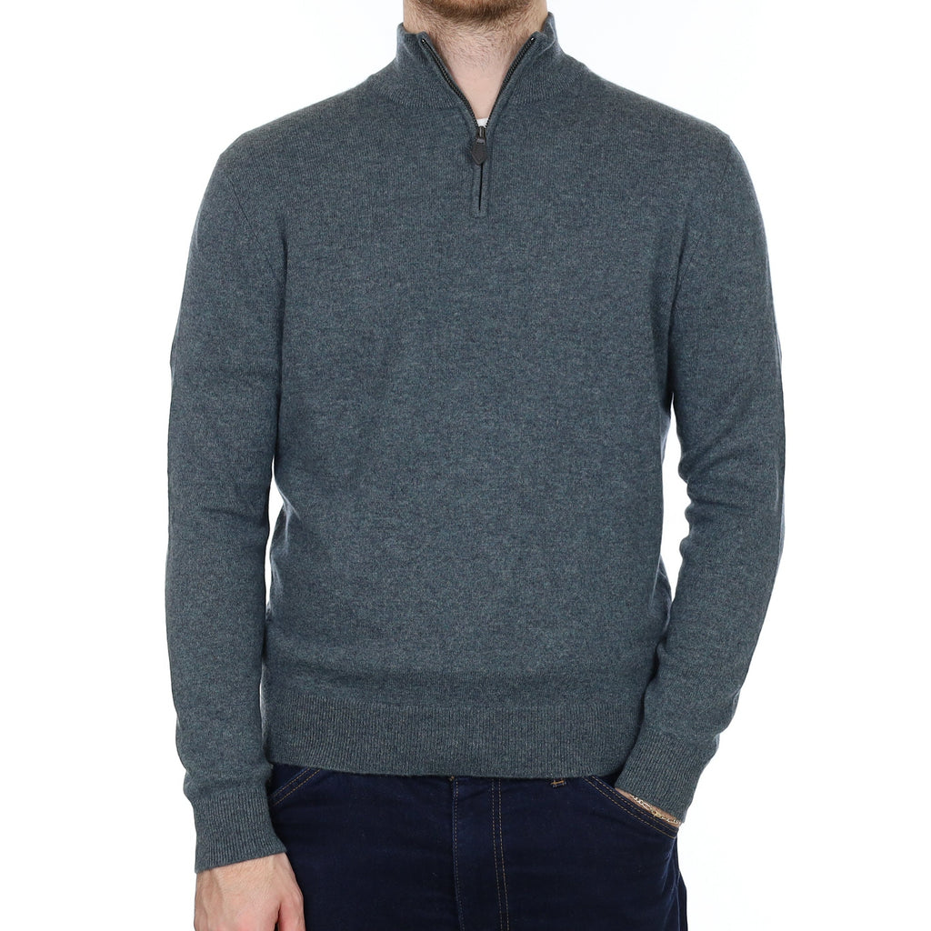 Men's Pebble Green Cashmere 1/4 Zip Jumper Medium