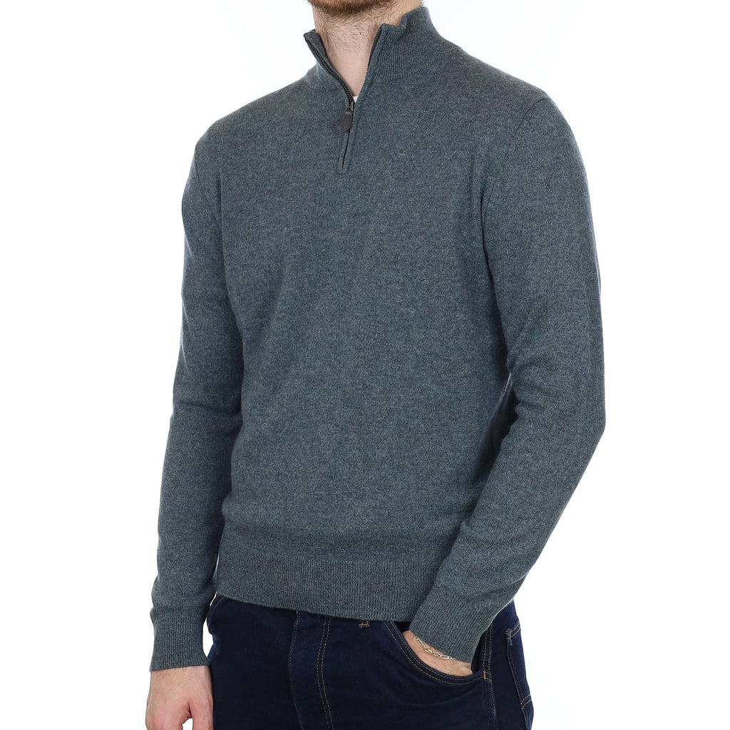 Men's Pebble Green Cashmere 1/4 Zip Jumper Medium