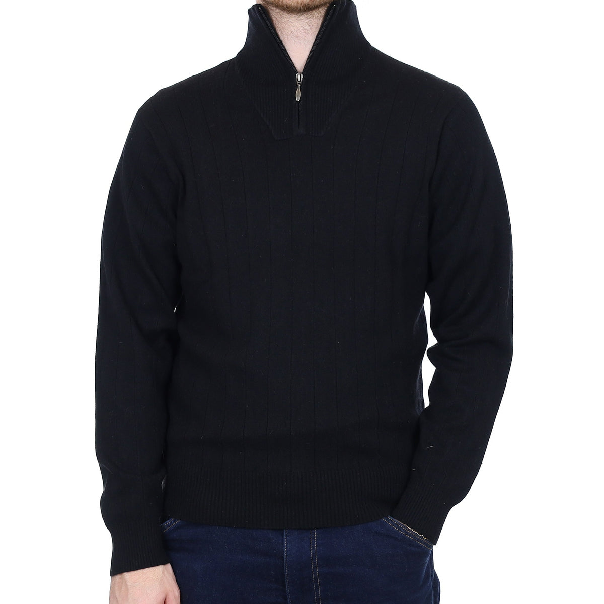 Men's Black Rib Cashmere 1/4 Zip Jumper Medium