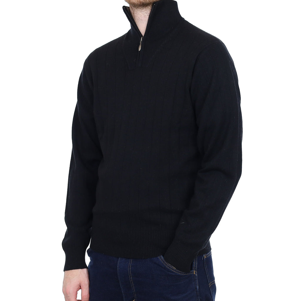 Men's Black Rib Cashmere 1/4 Zip Jumper Medium