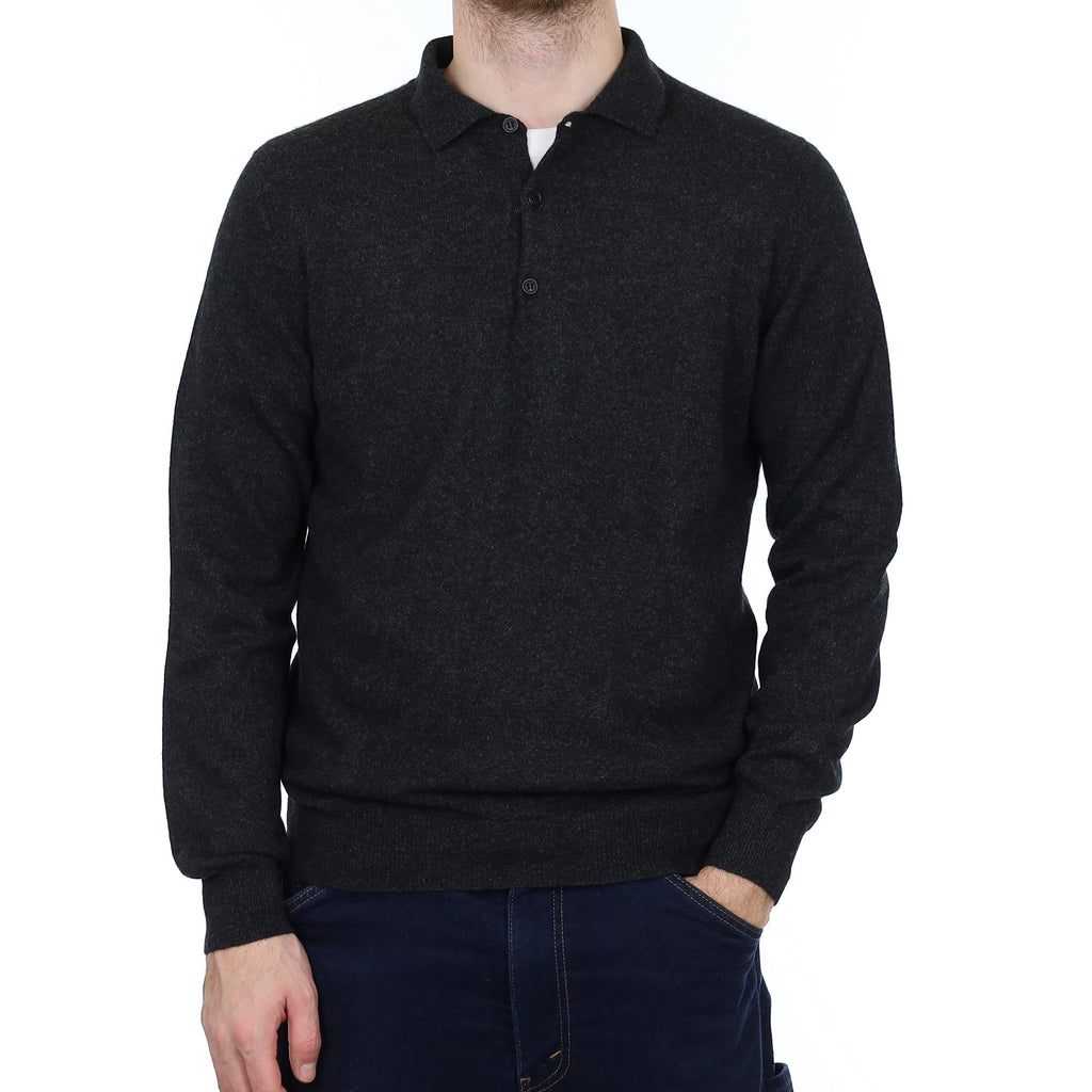 Men's Charcoal Grey Cashmere Collared 1/4 Button Jumper Medium