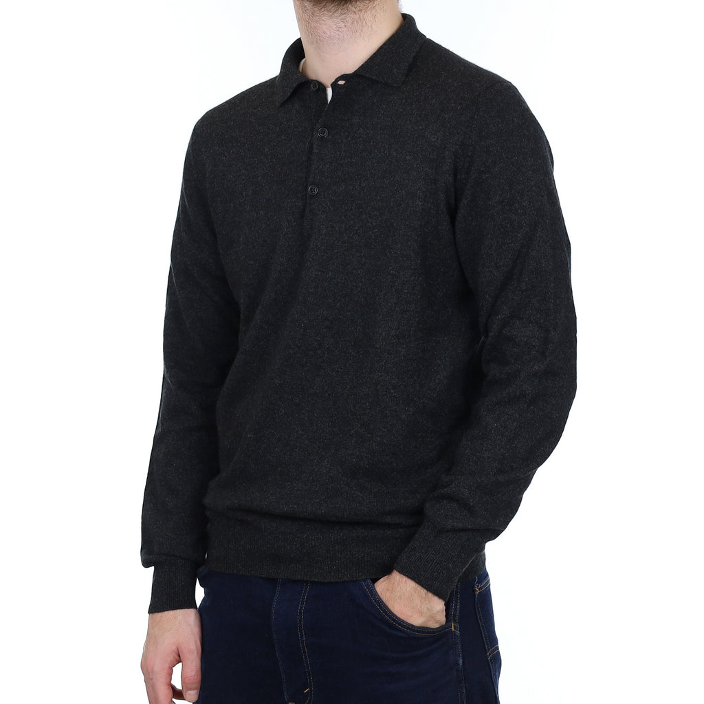 Men's Charcoal Grey Cashmere Collared 1/4 Button Jumper Medium