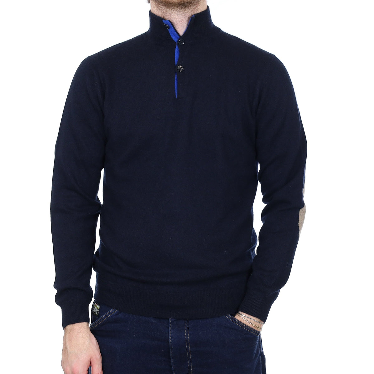 Men's Dark Navy Cashmere 1/4 Button Jumper Medium