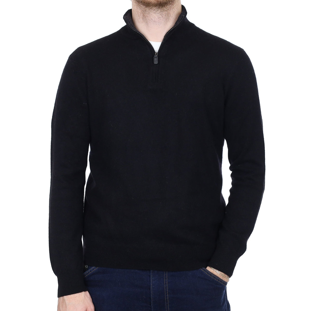 Men's Black Cashmere 1/4 Zip Jumper Medium