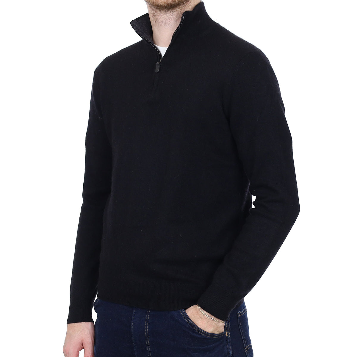 Men's Black Cashmere 1/4 Zip Jumper Medium