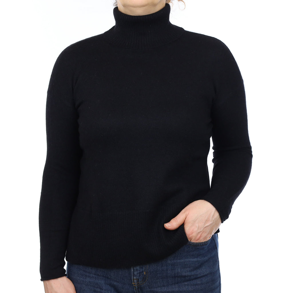 Black Cashmere Boxy Polo Neck Jumper Medium