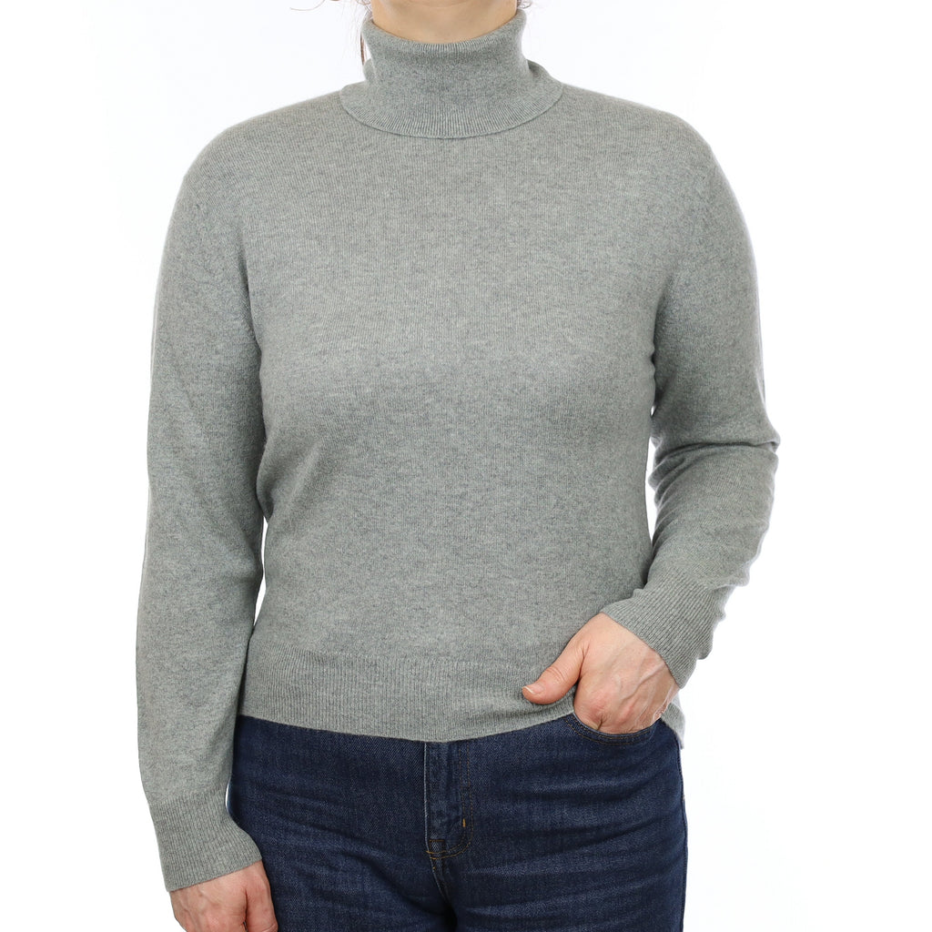 Scottish Green Grey Marl Cashmere Polo Neck Jumper Medium