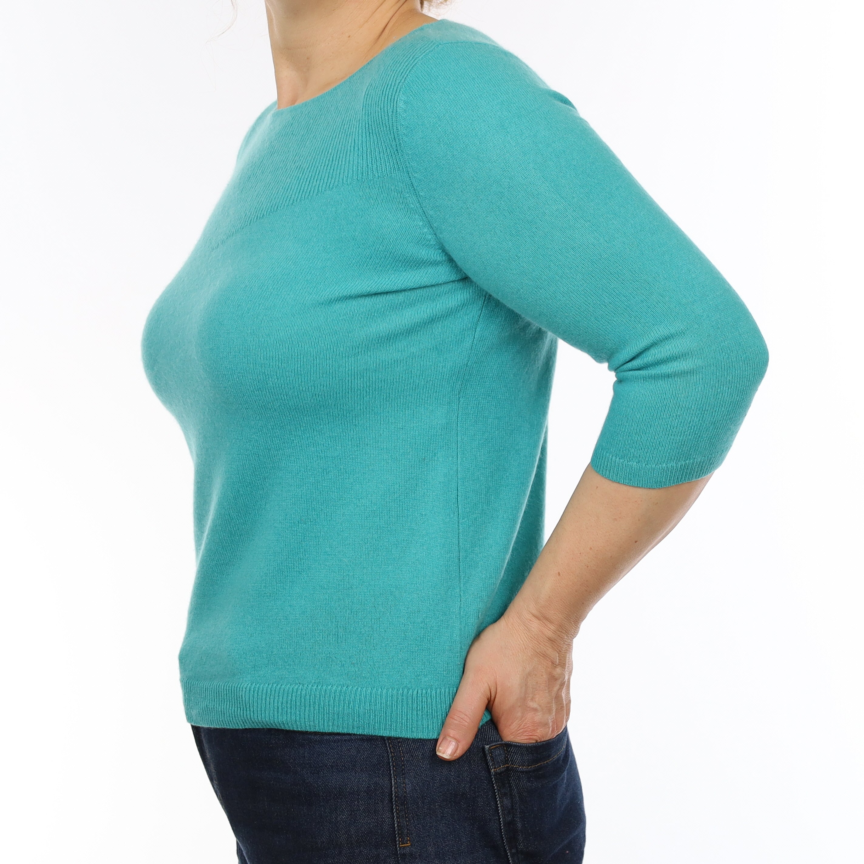 Aqua Green Cashmere 3/4 Sleeve Crew Neck Jumper Medium