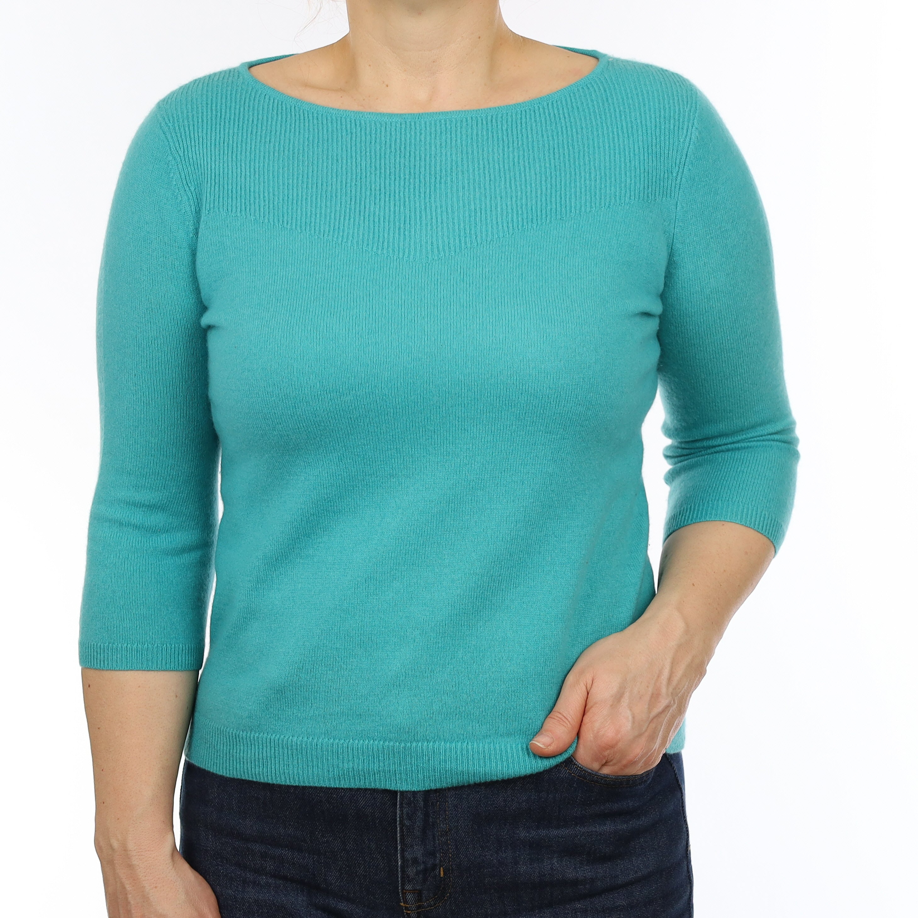 Aqua Green Cashmere 3/4 Sleeve Crew Neck Jumper Medium