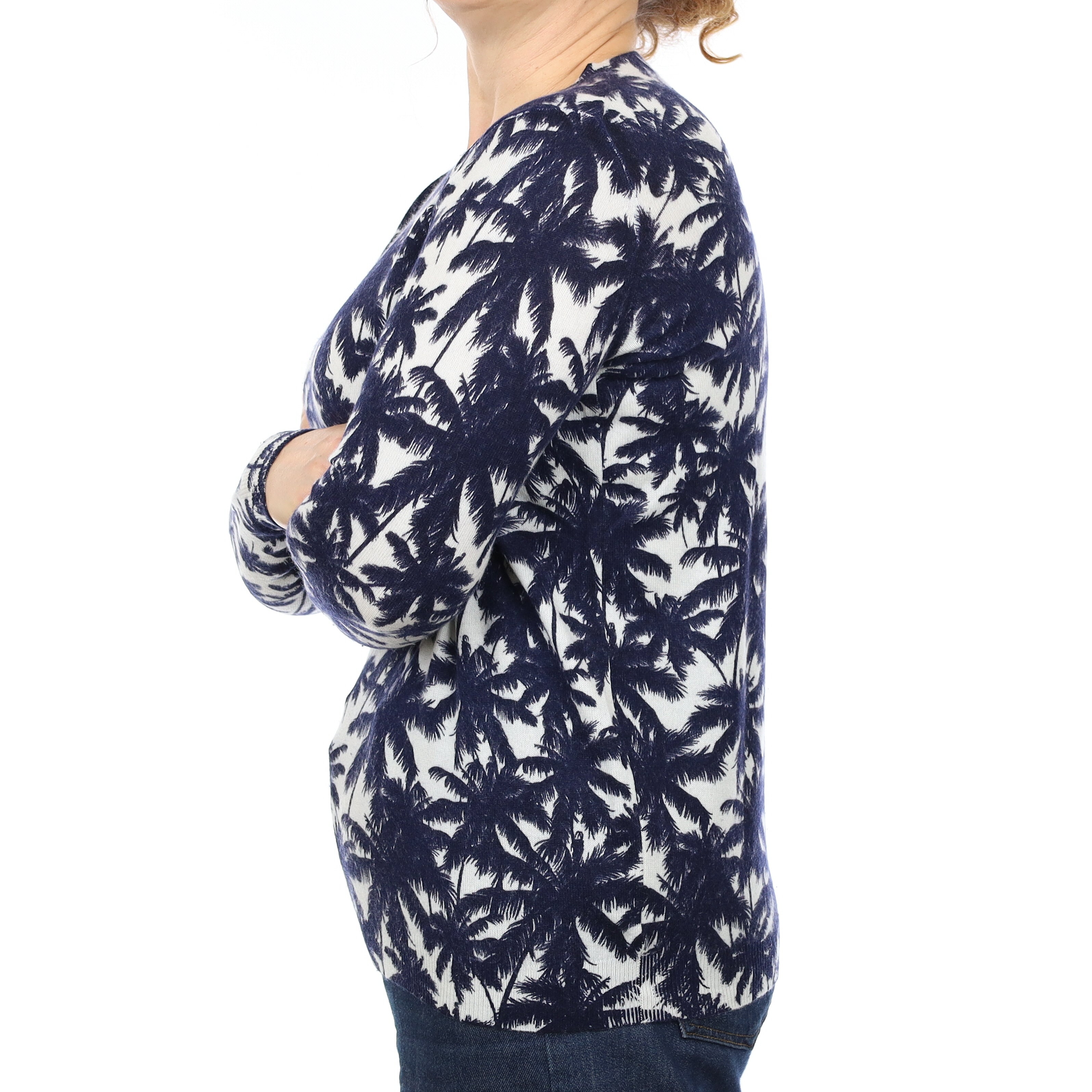 Navy and Ivory Palm Tree Cashmere Crew Neck Jumper Medium