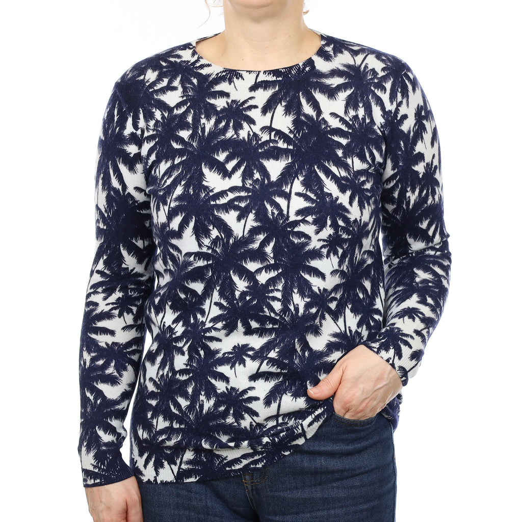 Navy and Ivory Palm Tree Cashmere Crew Neck Jumper Medium