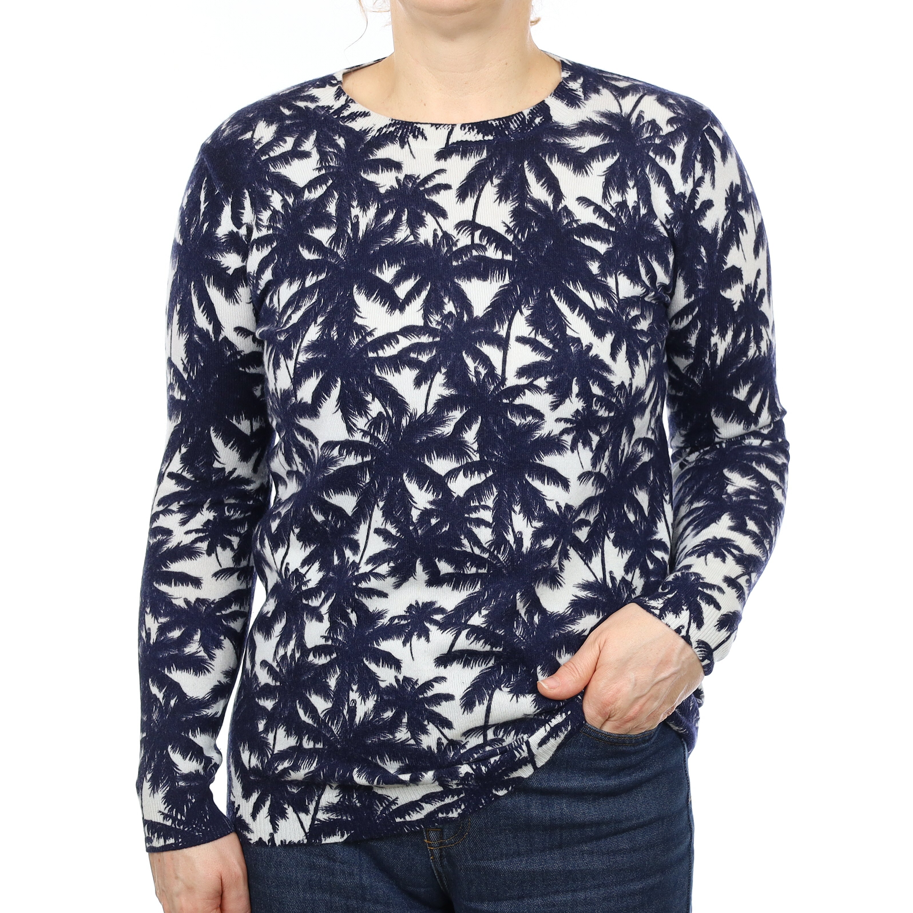 Navy and Ivory Palm Tree Cashmere Crew Neck Jumper Medium