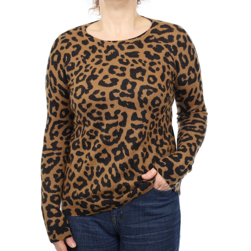 Butterscotch Brown Leopard Print Cashmere Crew Neck Jumper Medium