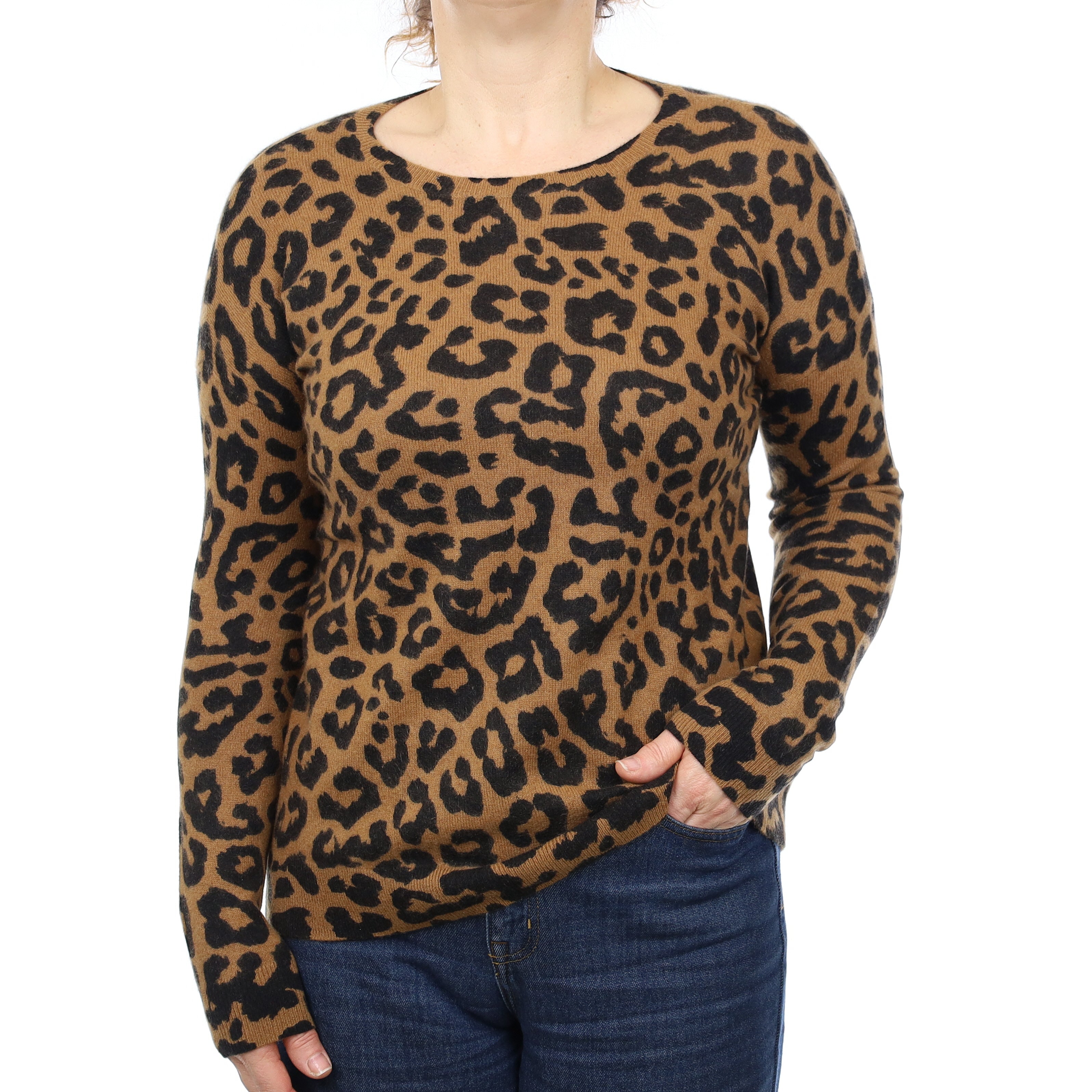 Butterscotch Brown Leopard Print Cashmere Crew Neck Jumper Medium