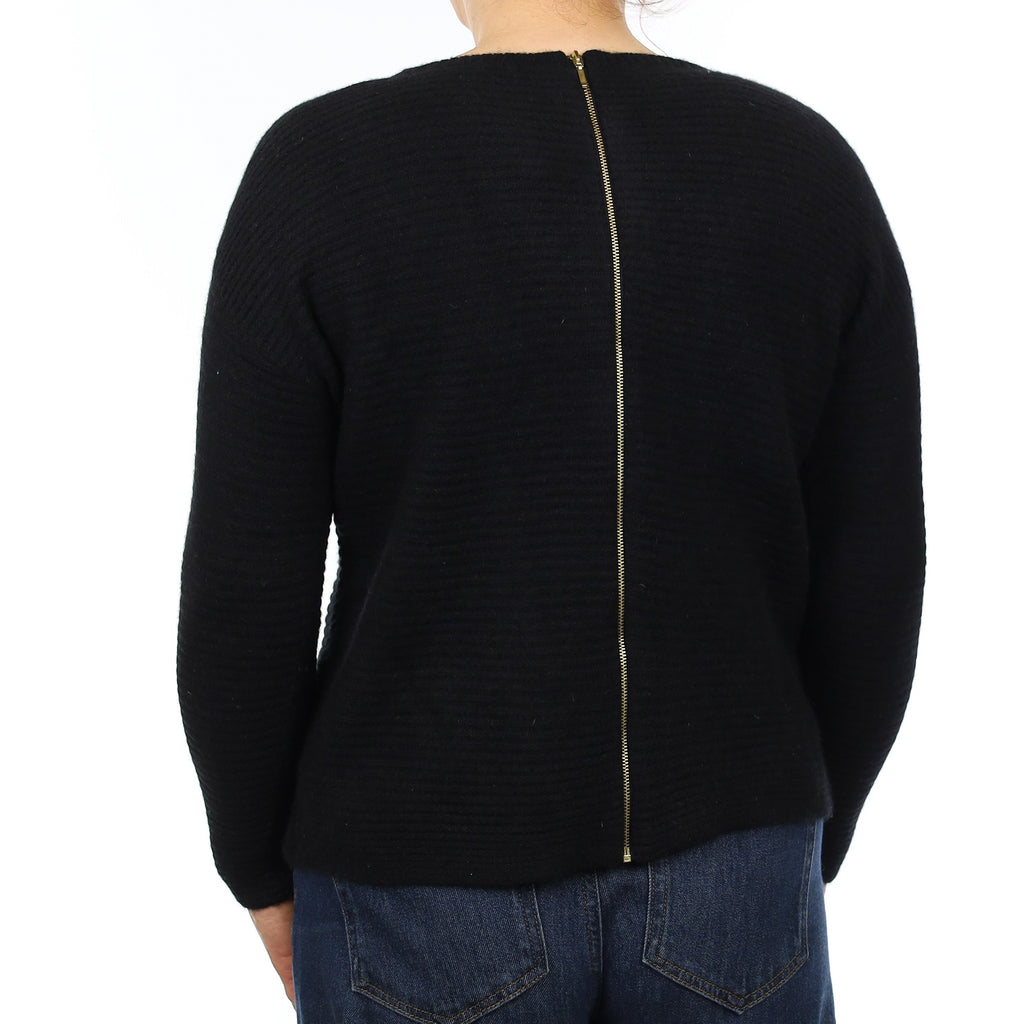 Black Rib Cashmere Zip Back Crew Neck Jumper Medium