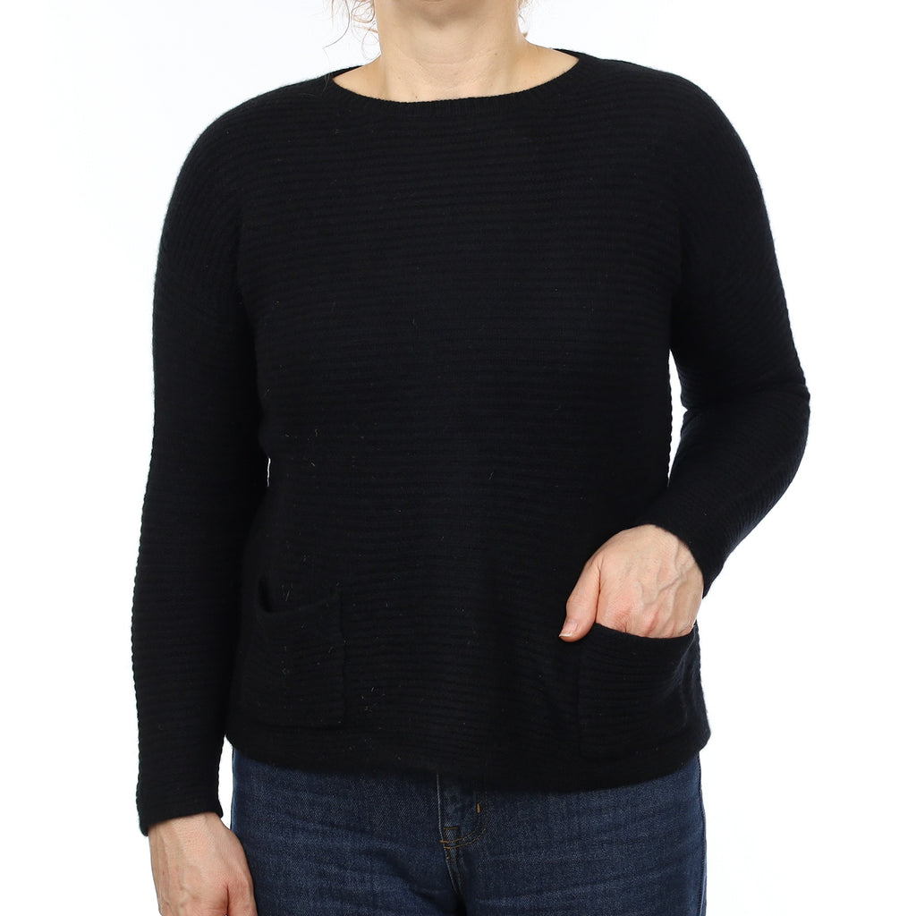 Black Rib Cashmere Zip Back Crew Neck Jumper Medium