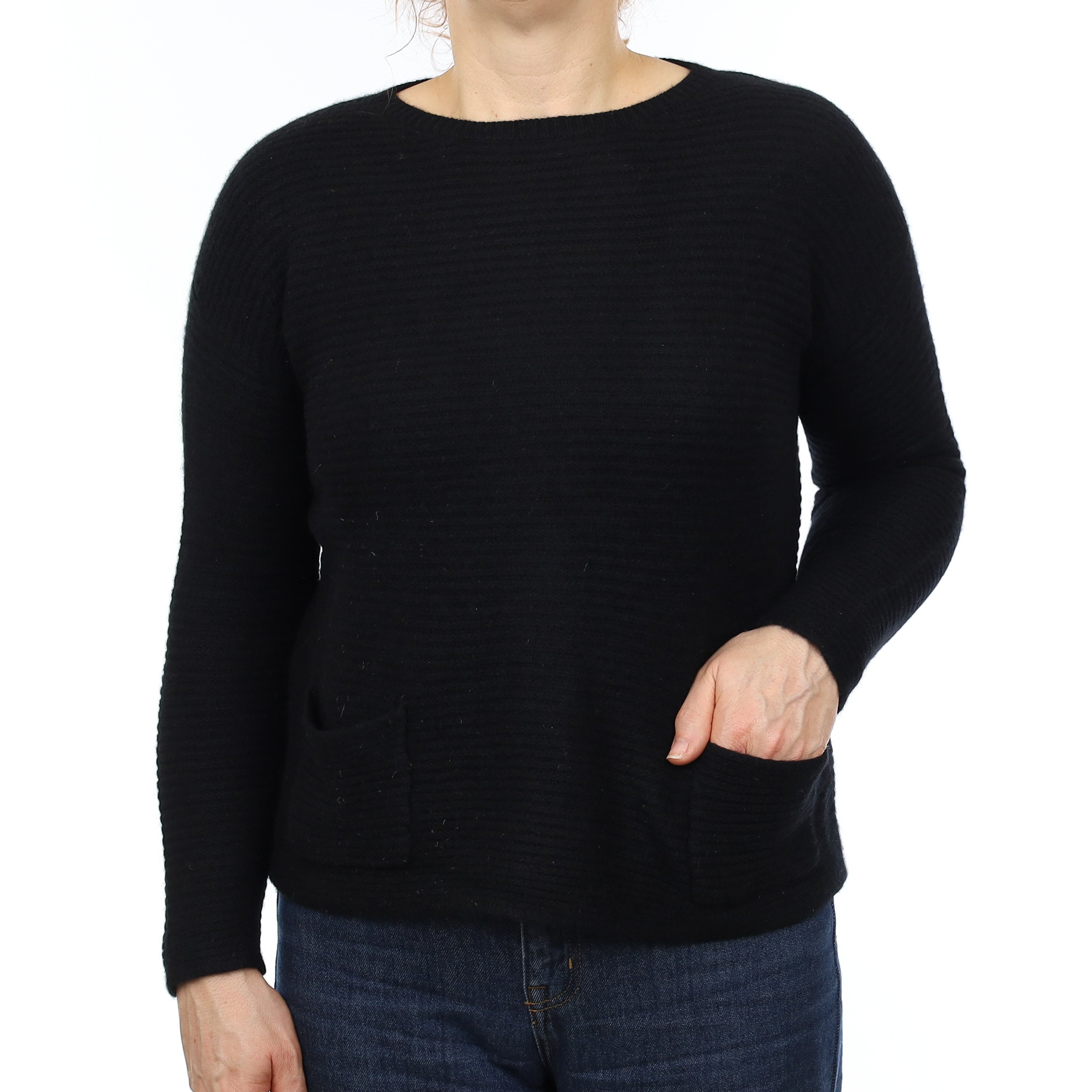 Black Rib Cashmere Zip Back Crew Neck Jumper Medium