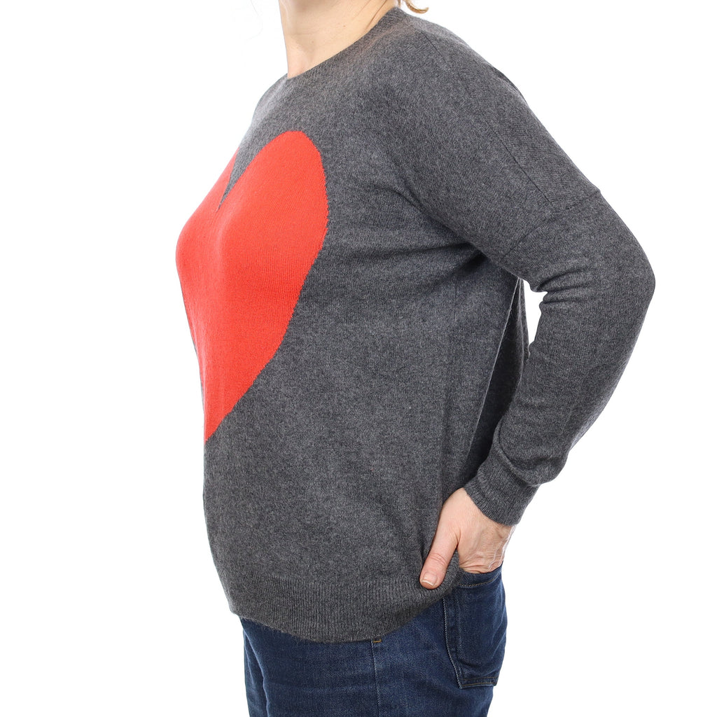 Grey with Red Heart Cashmere Batwing Crew Neck Jumper Medium