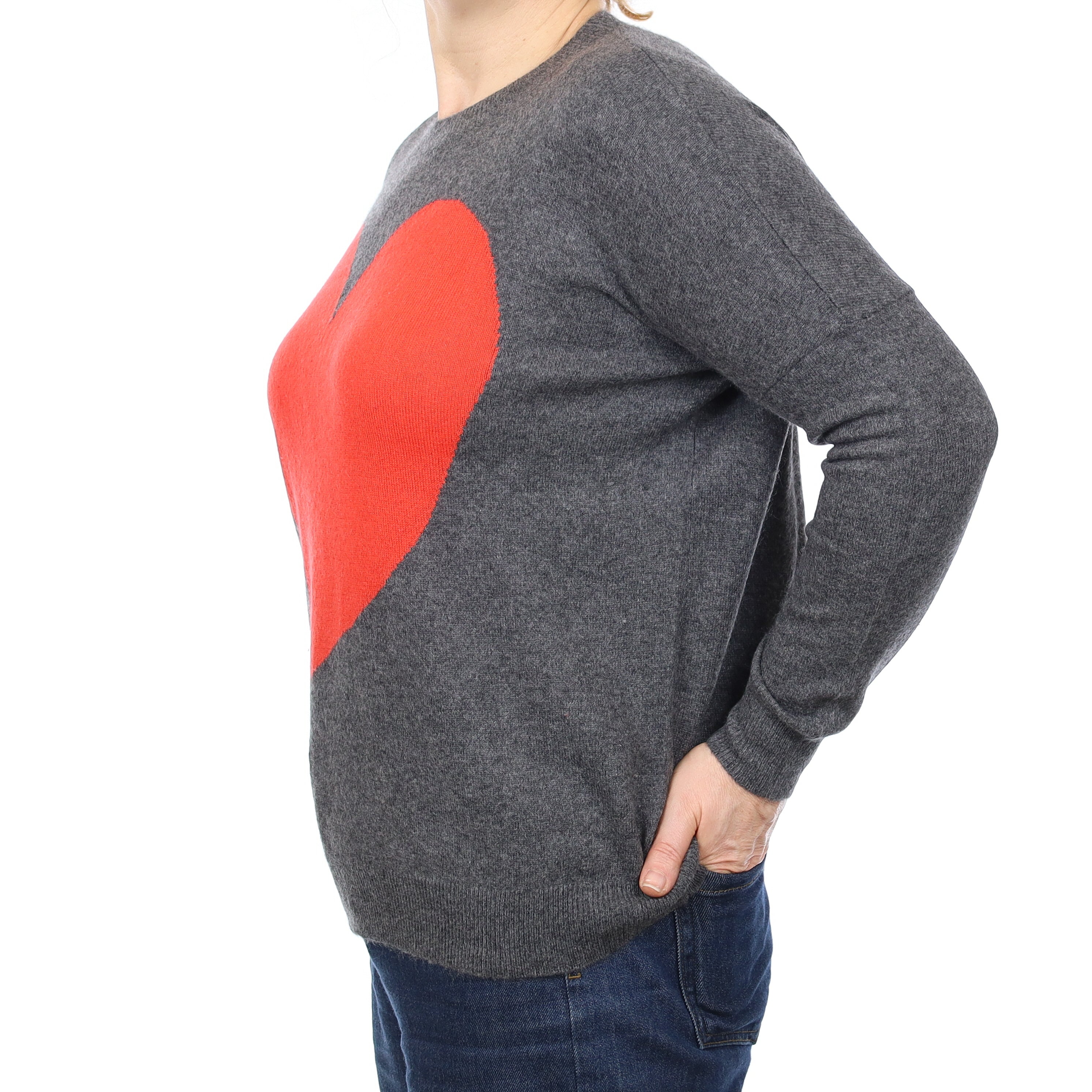 Grey with Red Heart Cashmere Batwing Crew Neck Jumper Medium