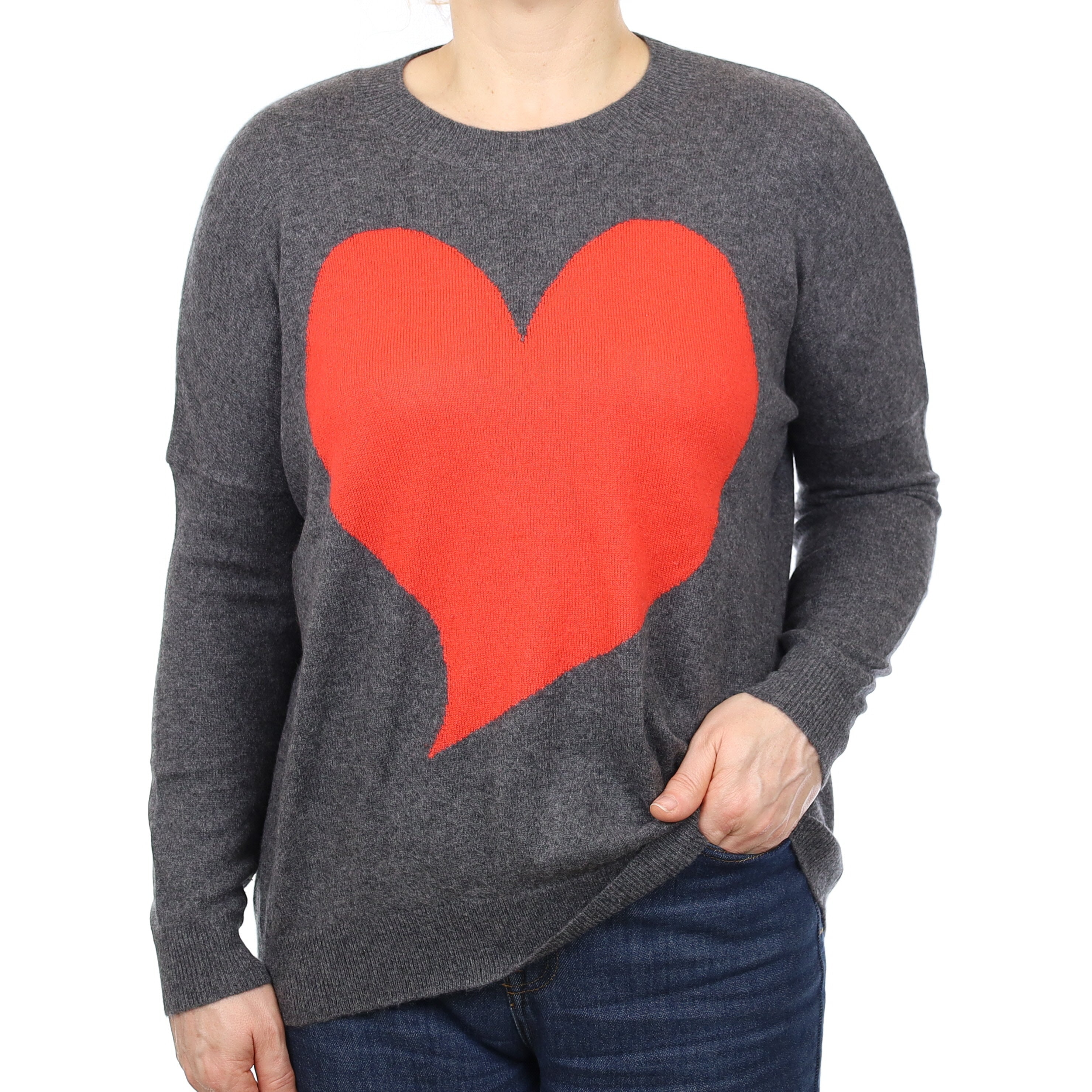 Grey with Red Heart Cashmere Batwing Crew Neck Jumper Medium