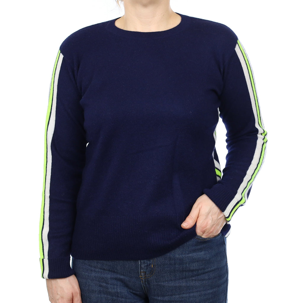 Navy Neon Stripe Cashmere Crew Neck Jumper Medium
