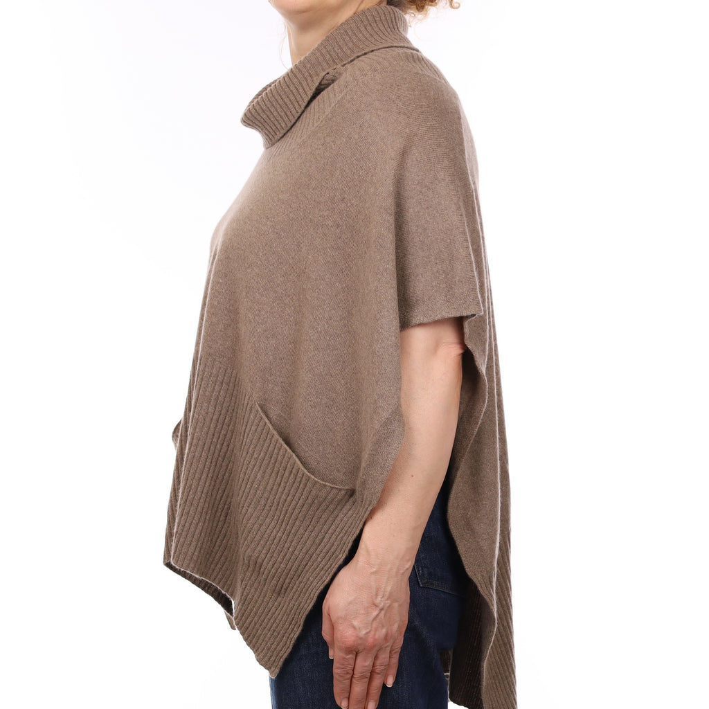 Mocha Brown Cashmere Cowl Neck Poncho with Pockets One Size