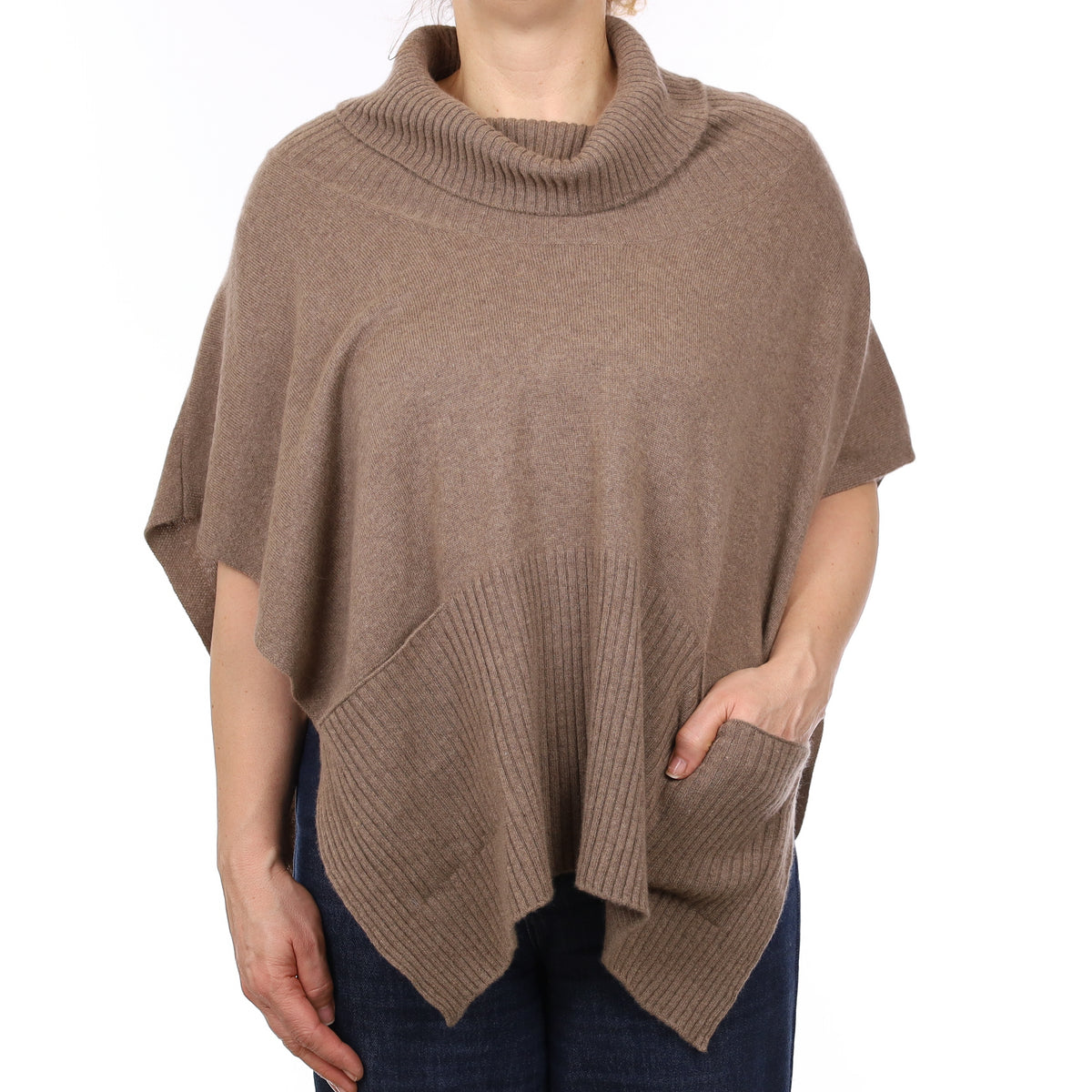 Mocha Brown Cashmere Cowl Neck Poncho with Pockets One Size