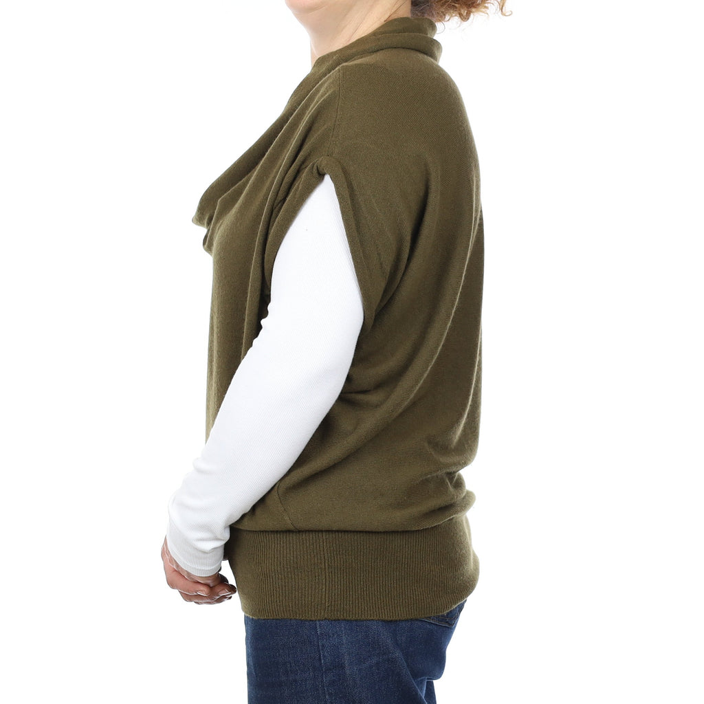 Vince Olive Green Cashmere Short Sleeve Drape Neck Jumper Medium