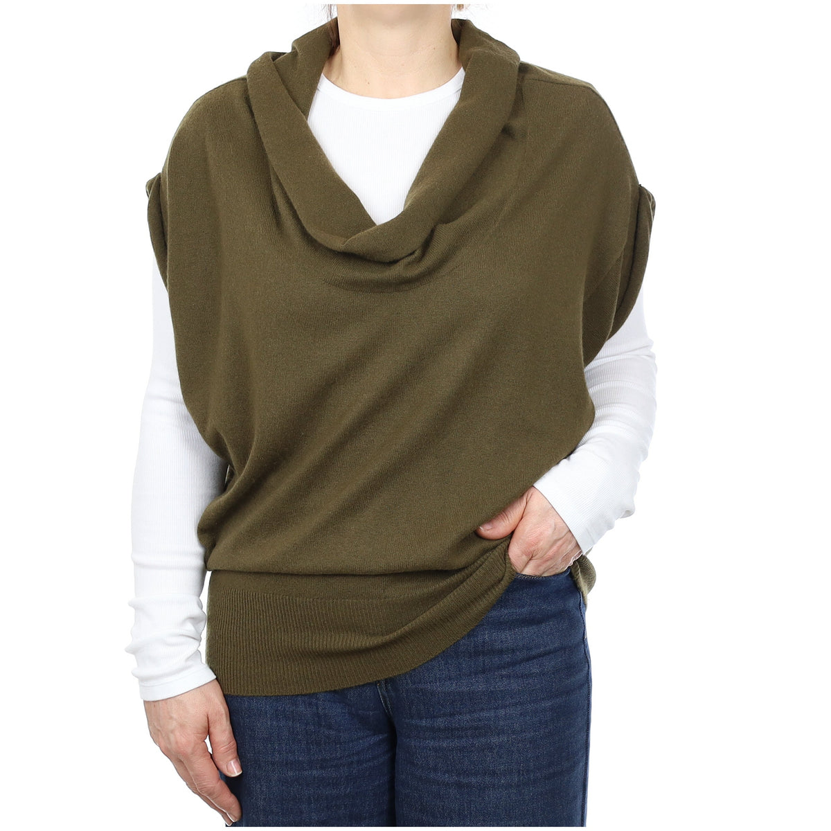 Vince Olive Green Cashmere Short Sleeve Drape Neck Jumper Medium