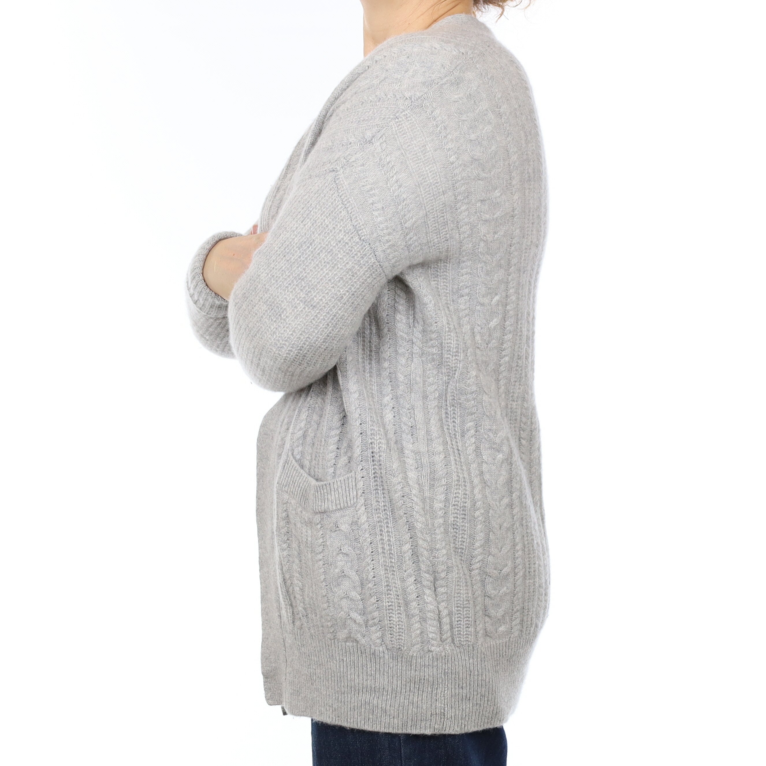 Grey Chunky Cable Cashmere Edge To Edge Cardigan with Pockets Medium
