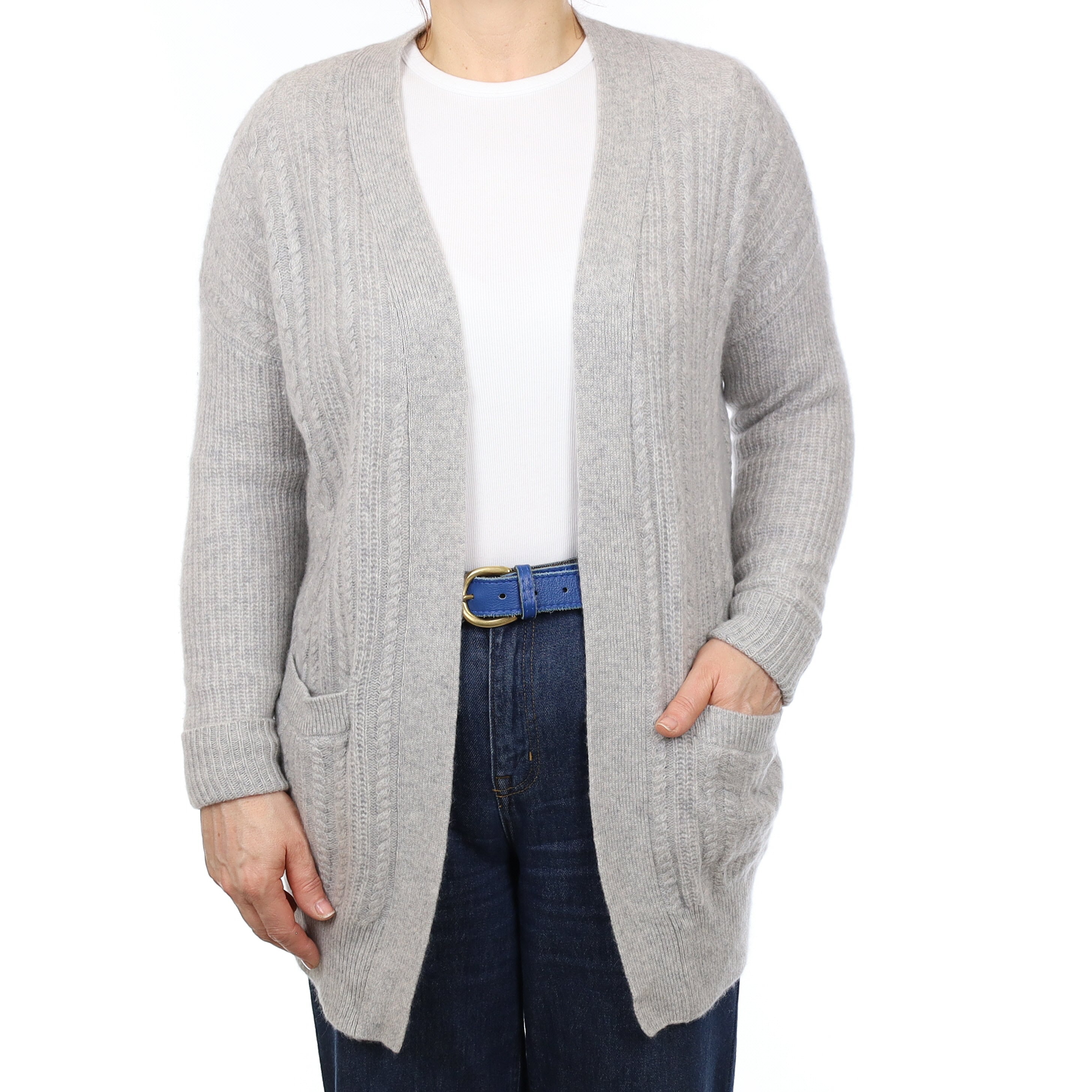 Grey Chunky Cable Cashmere Edge To Edge Cardigan with Pockets Medium