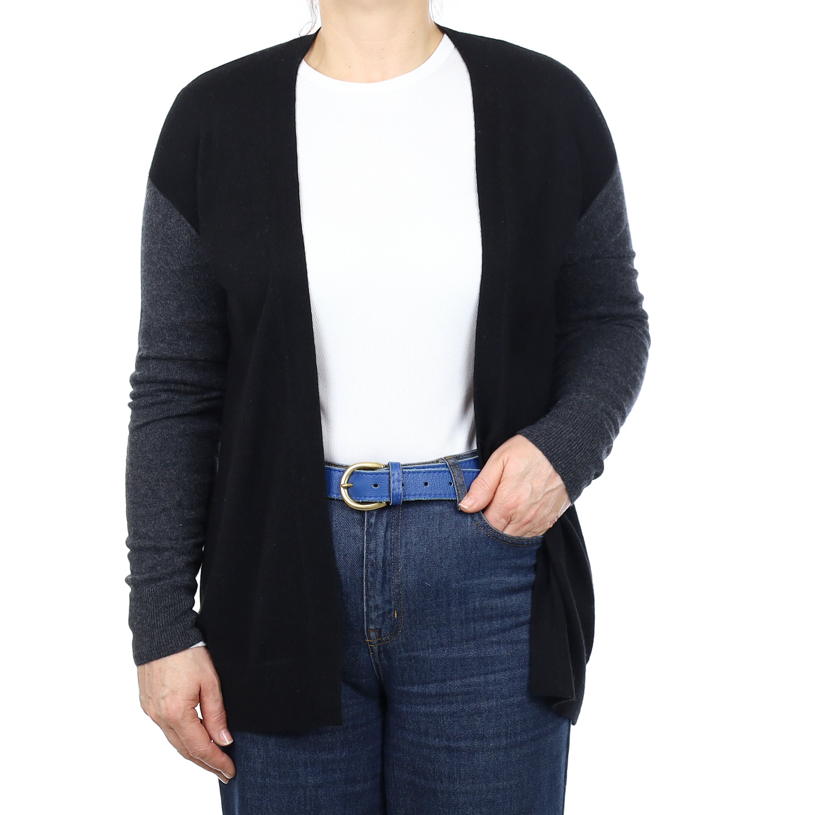 Black and Grey Cashmere Longline Edge to Edge Cardigan Medium