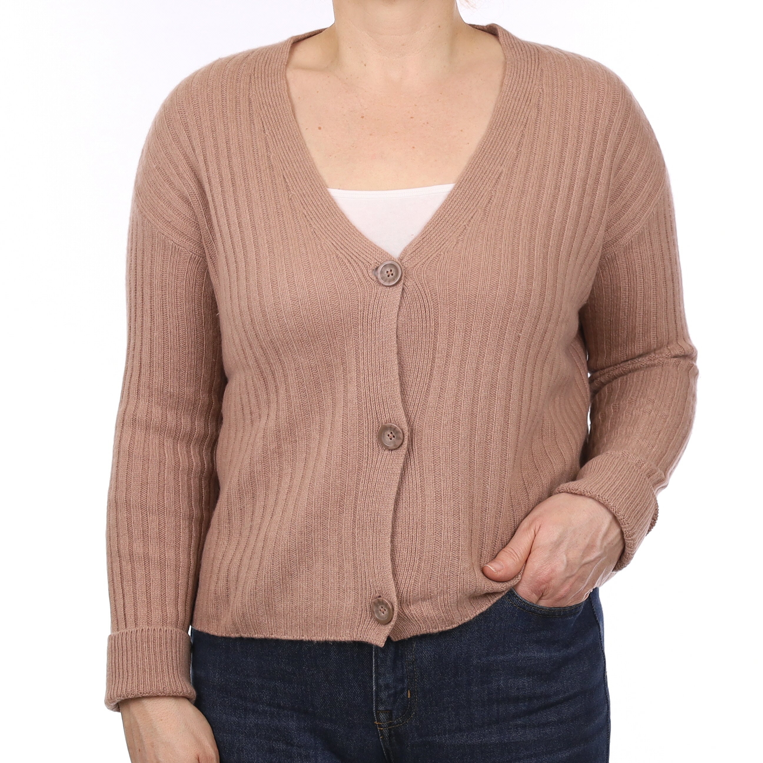 Nude Brown Rib Cashmere Slouchy V Neck Cardigan Medium