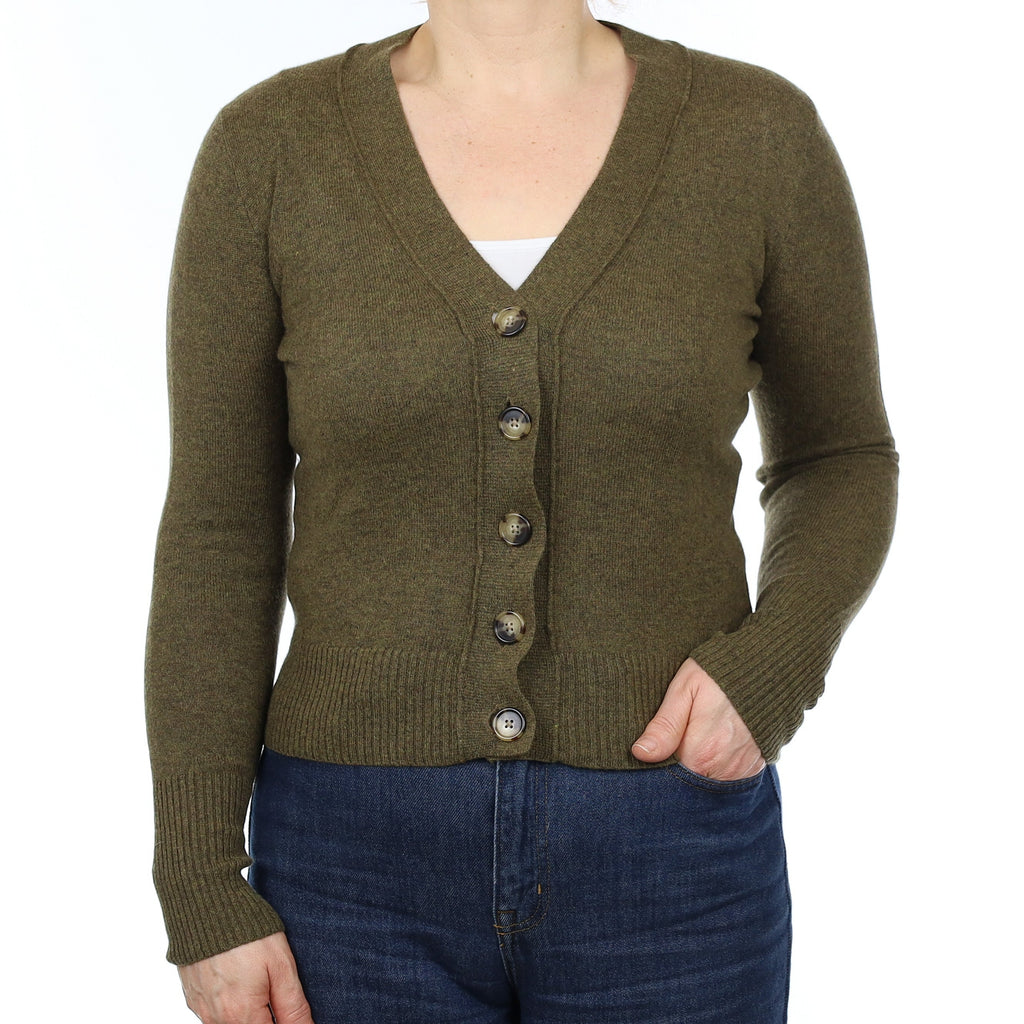 Khaki Green Marl Cashmere V Neck Cardigan Medium