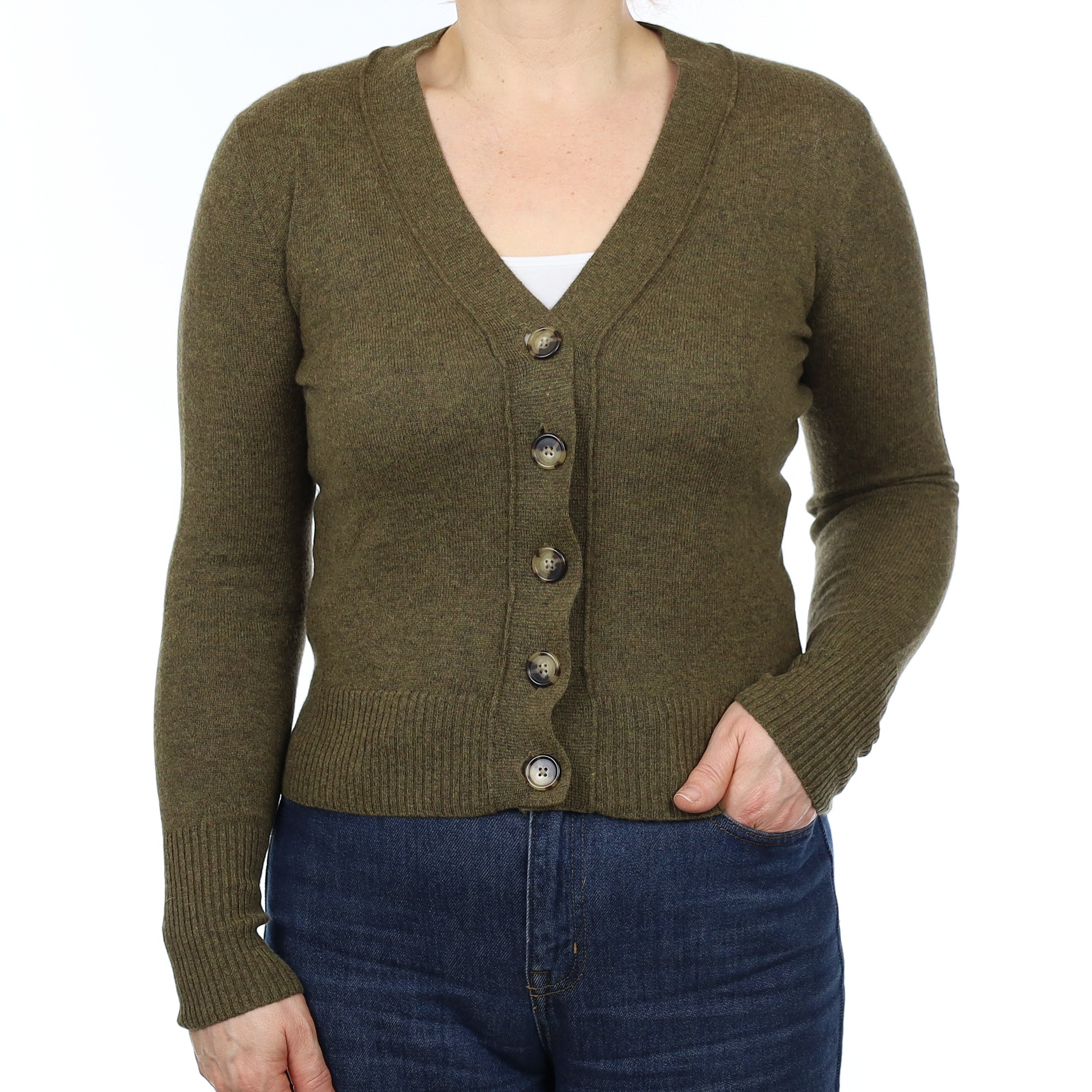 Khaki Green Marl Cashmere V Neck Cardigan Medium