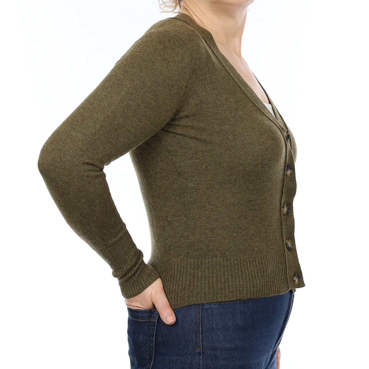 Khaki Green Marl Cashmere V Neck Cardigan Medium