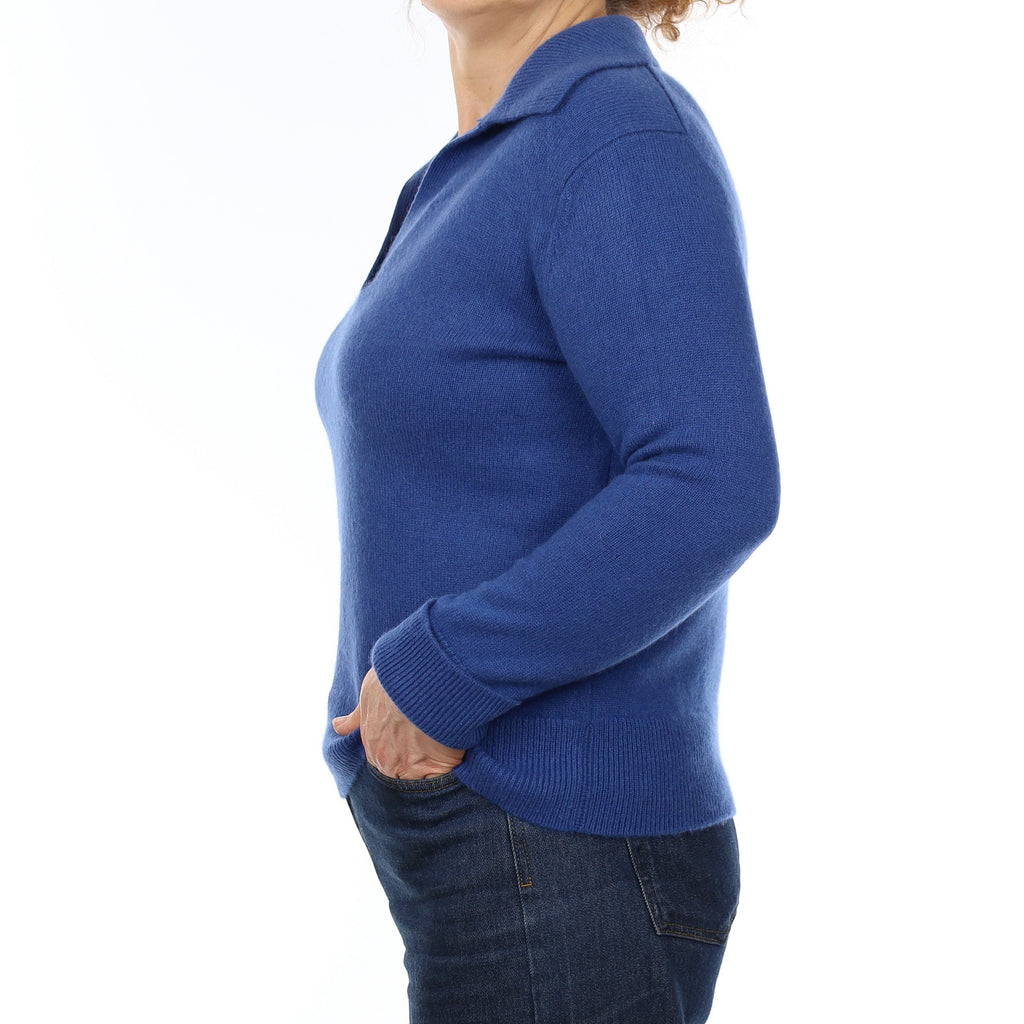Admiral Blue Heavy Knit Cashmere Collared V Neck Jumper Medium