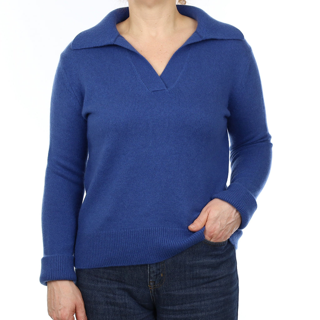 Admiral Blue Heavy Knit Cashmere Collared V Neck Jumper Medium