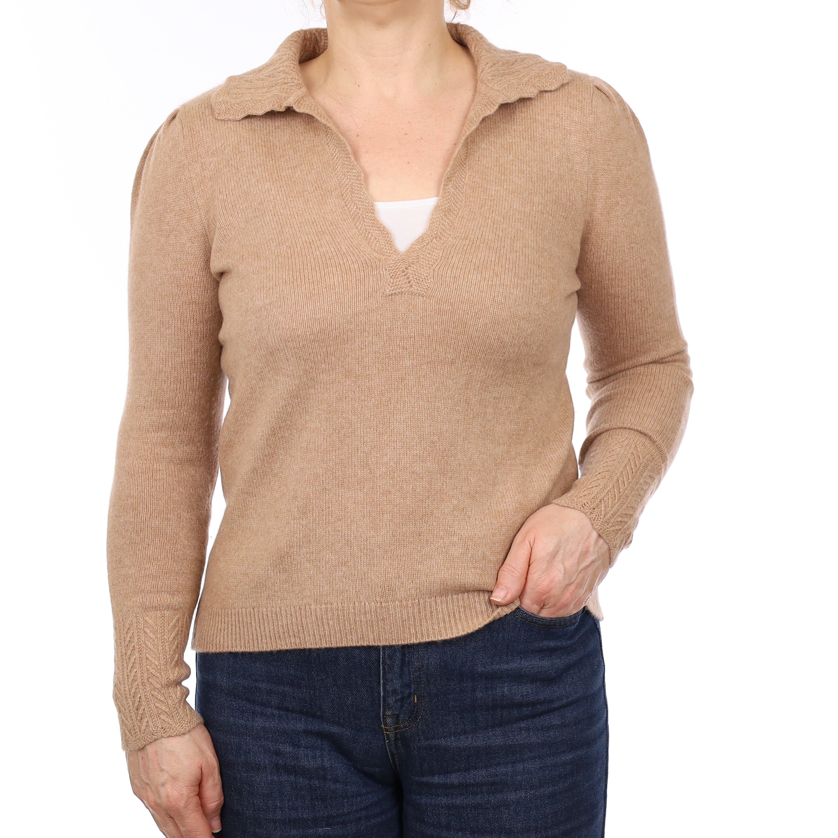 Fudge Brown Heavy Knit Cashmere Collared V Neck Jumper Medium