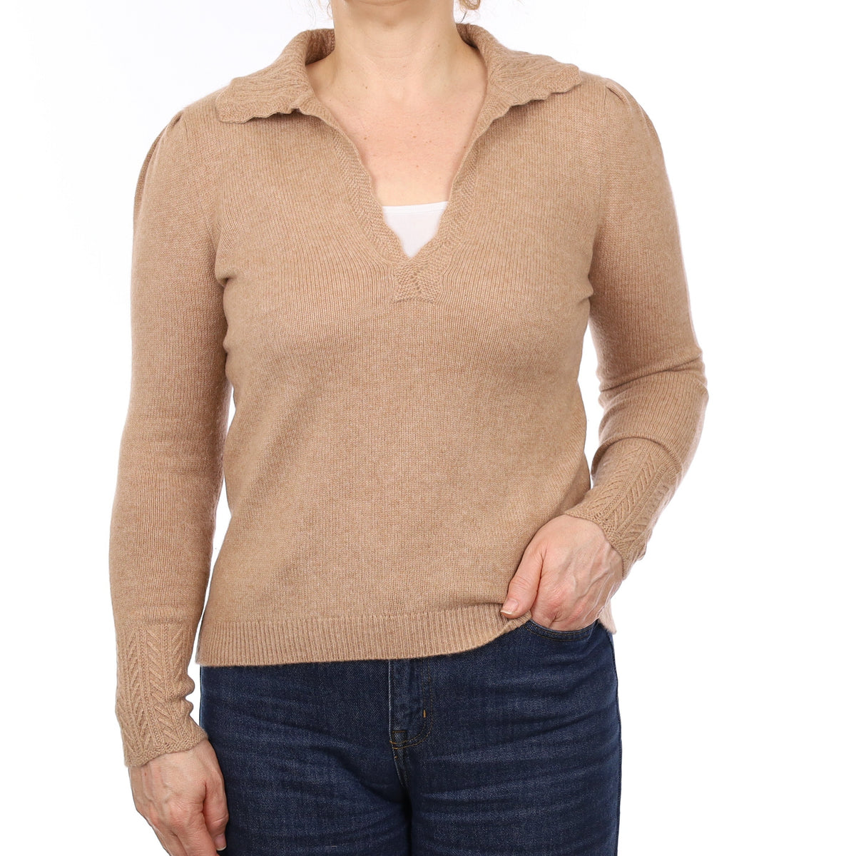 Fudge Brown Heavy Knit Cashmere Collared V Neck Jumper Medium
