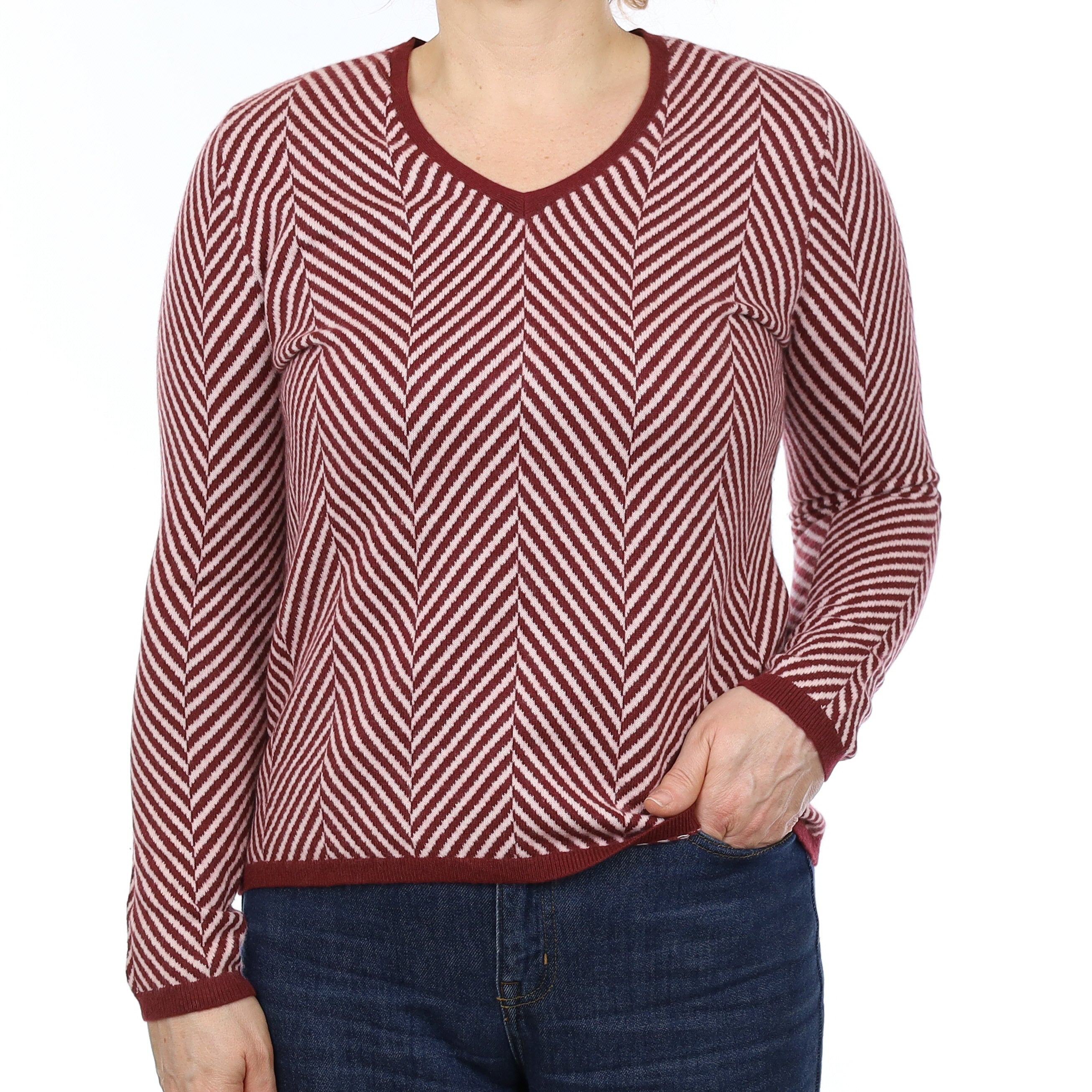 Wine Red Herringbone Cashmere V Neck Jumper Medium