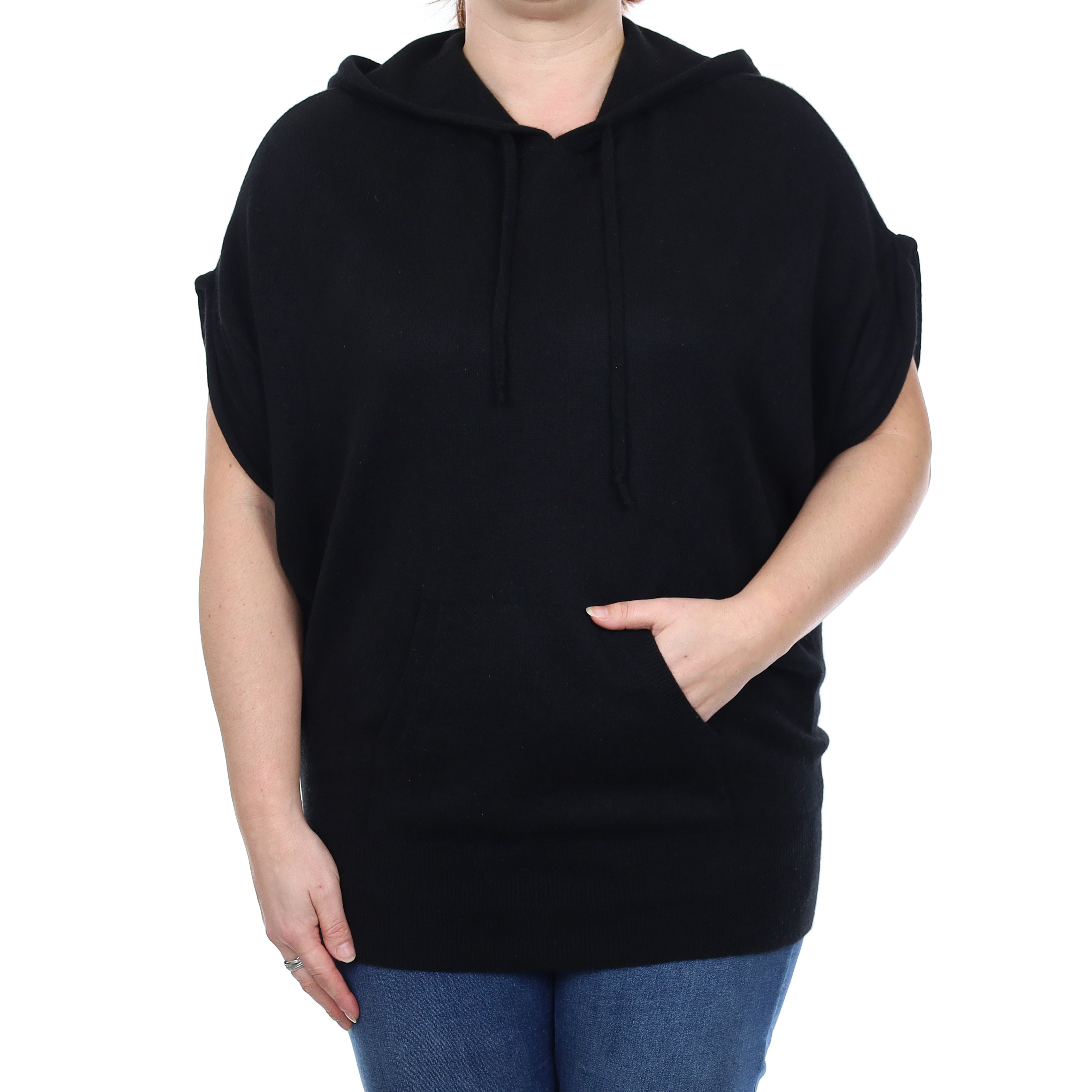 Vince Black Cashmere Capped Sleeve Hoodie Jumper with Pocket Large