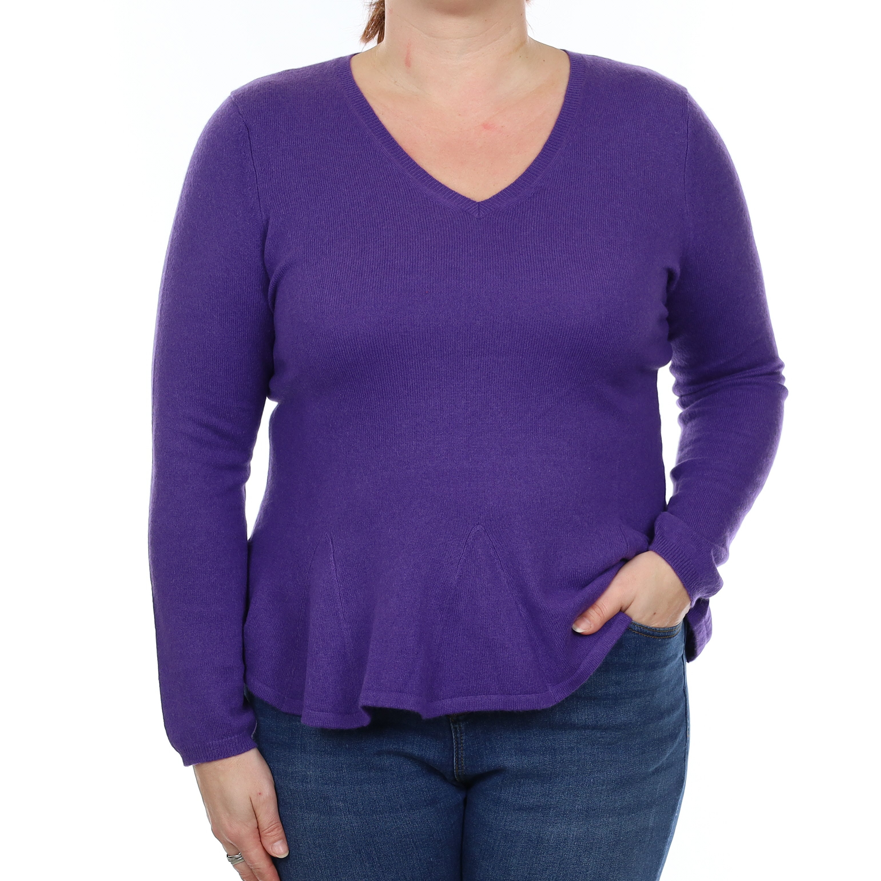 Periwinkle Purple Cashmere Peplum V Neck Jumper Large
