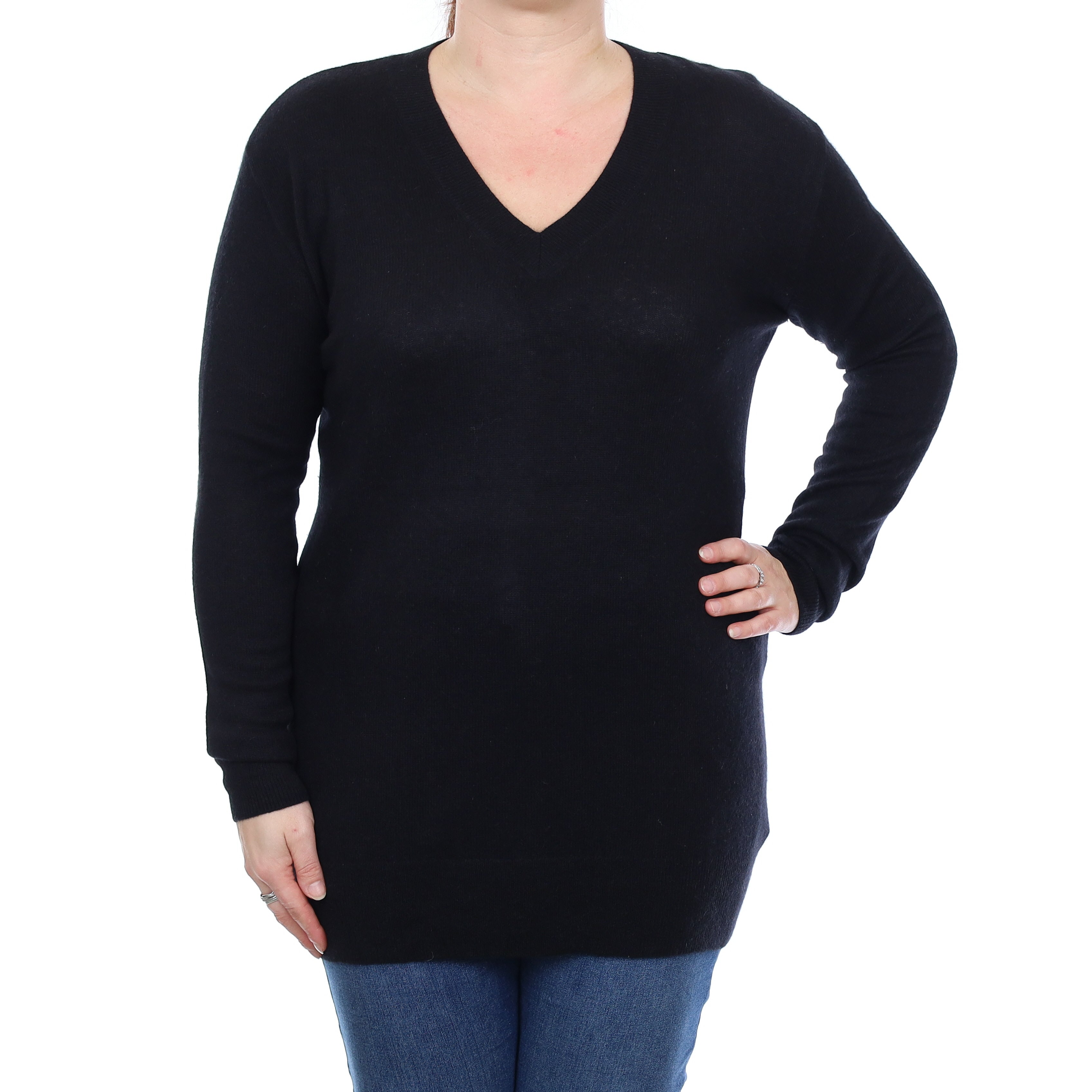 Black Cashmere Longline V Neck Jumper Large