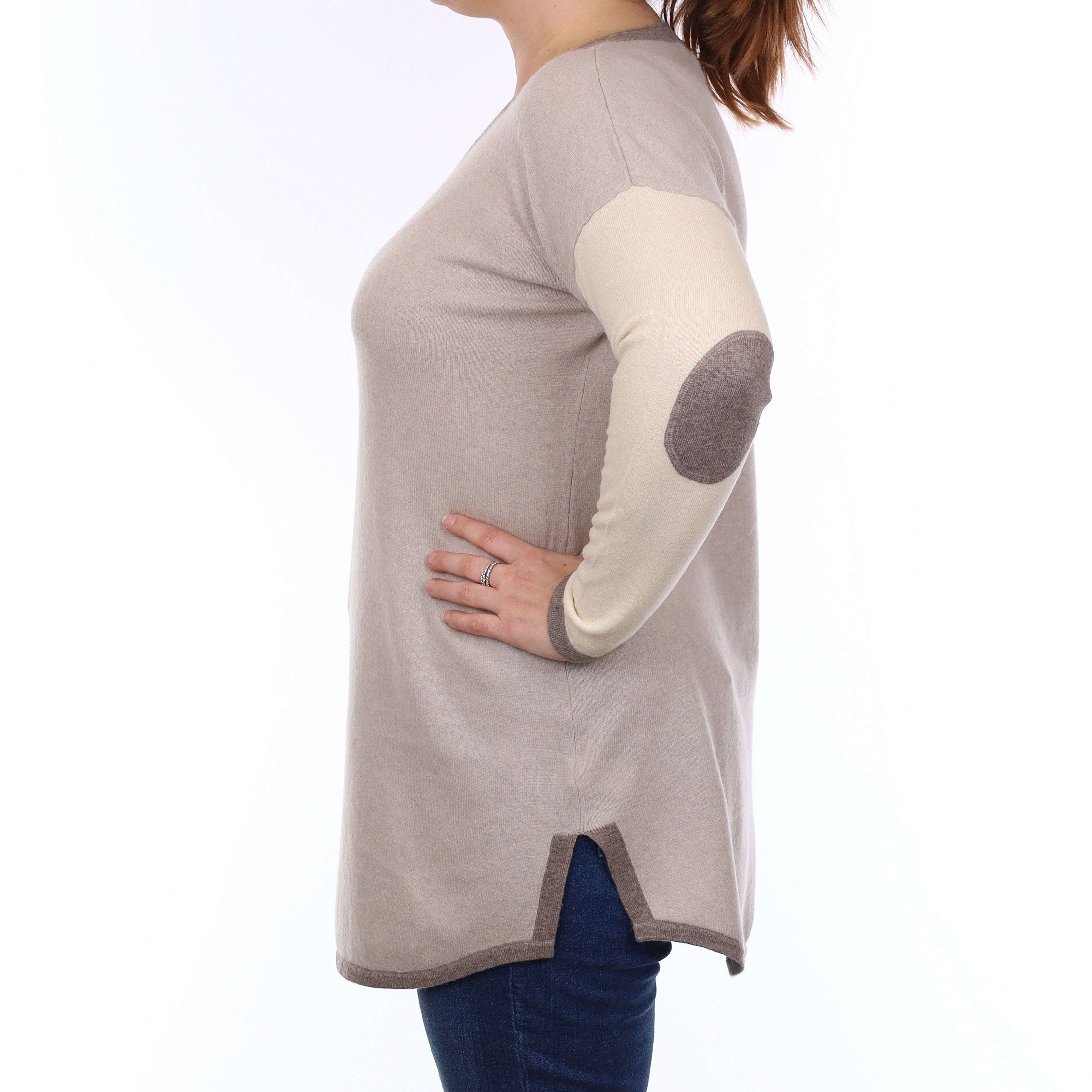 Mist Grey and Ivory Cashmere Crew Neck Jumper Large