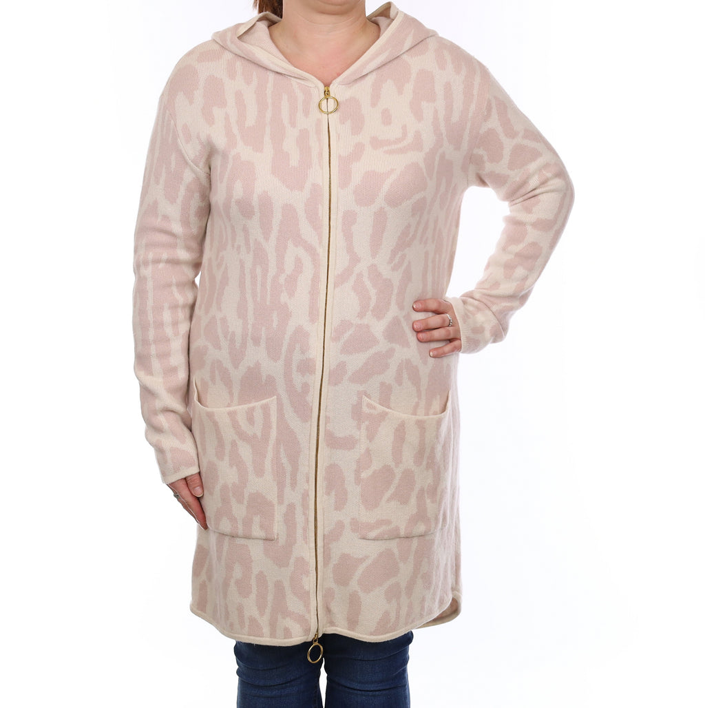 Shell Pink Leopard Print Chunky Cashmere Zip Up Cardigan with Hood Large