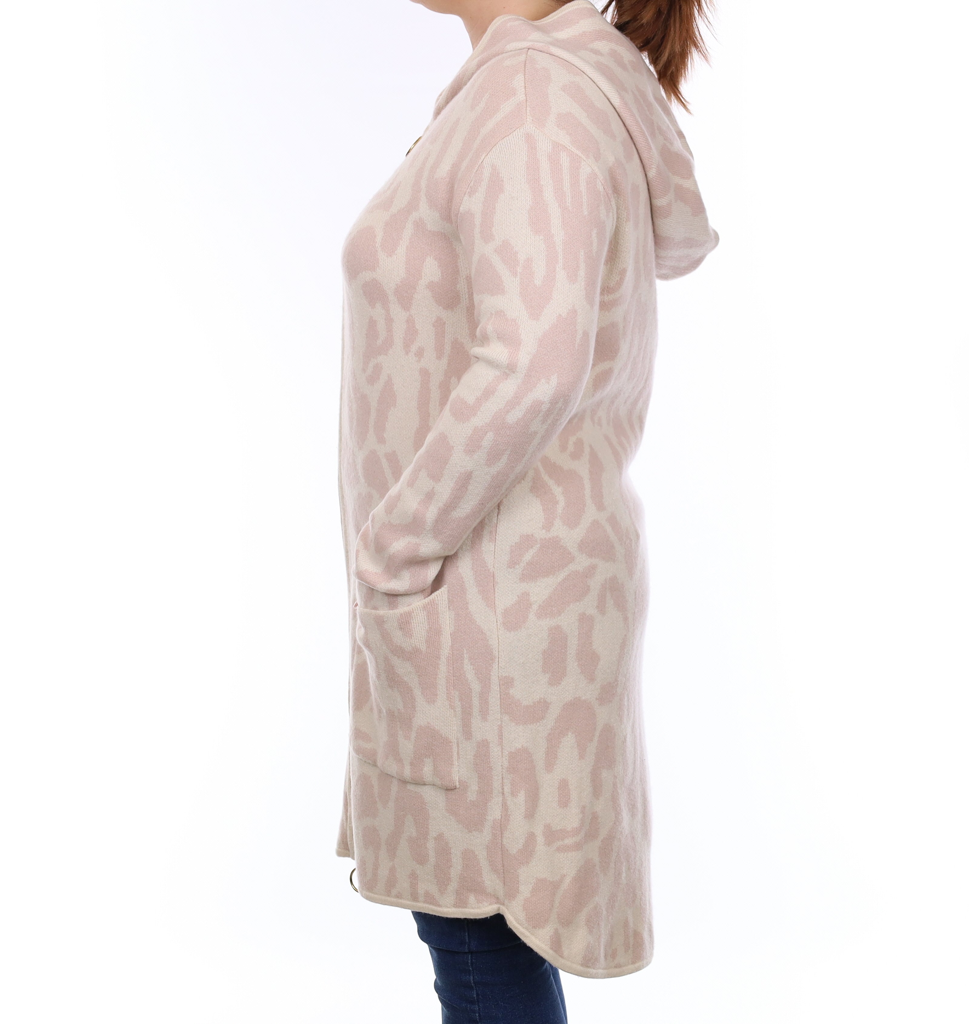 Shell Pink Leopard Print Chunky Cashmere Zip Up Cardigan with Hood Large