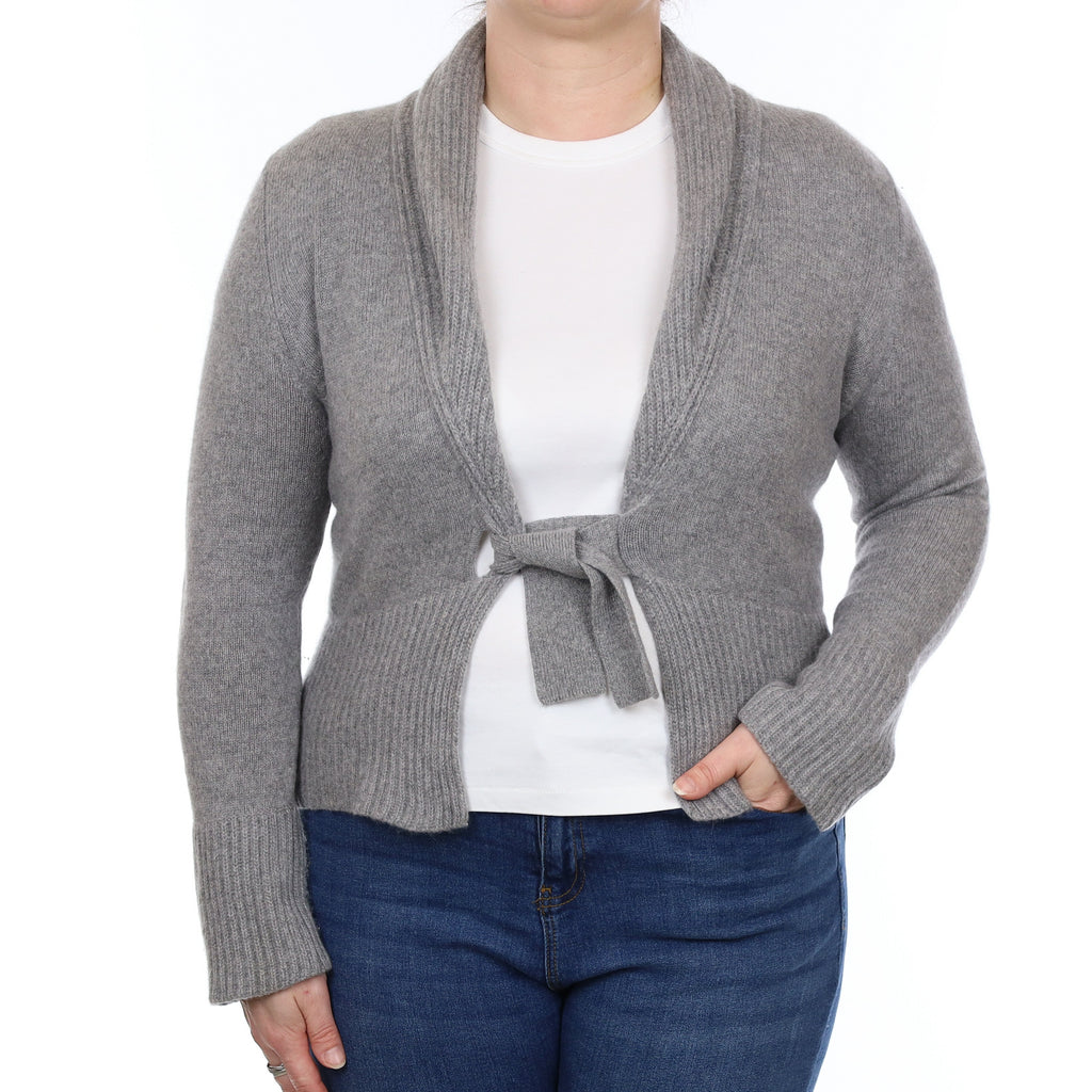 Smoke Grey Heavy Knit Cashmere Tie Front Cardigan Large