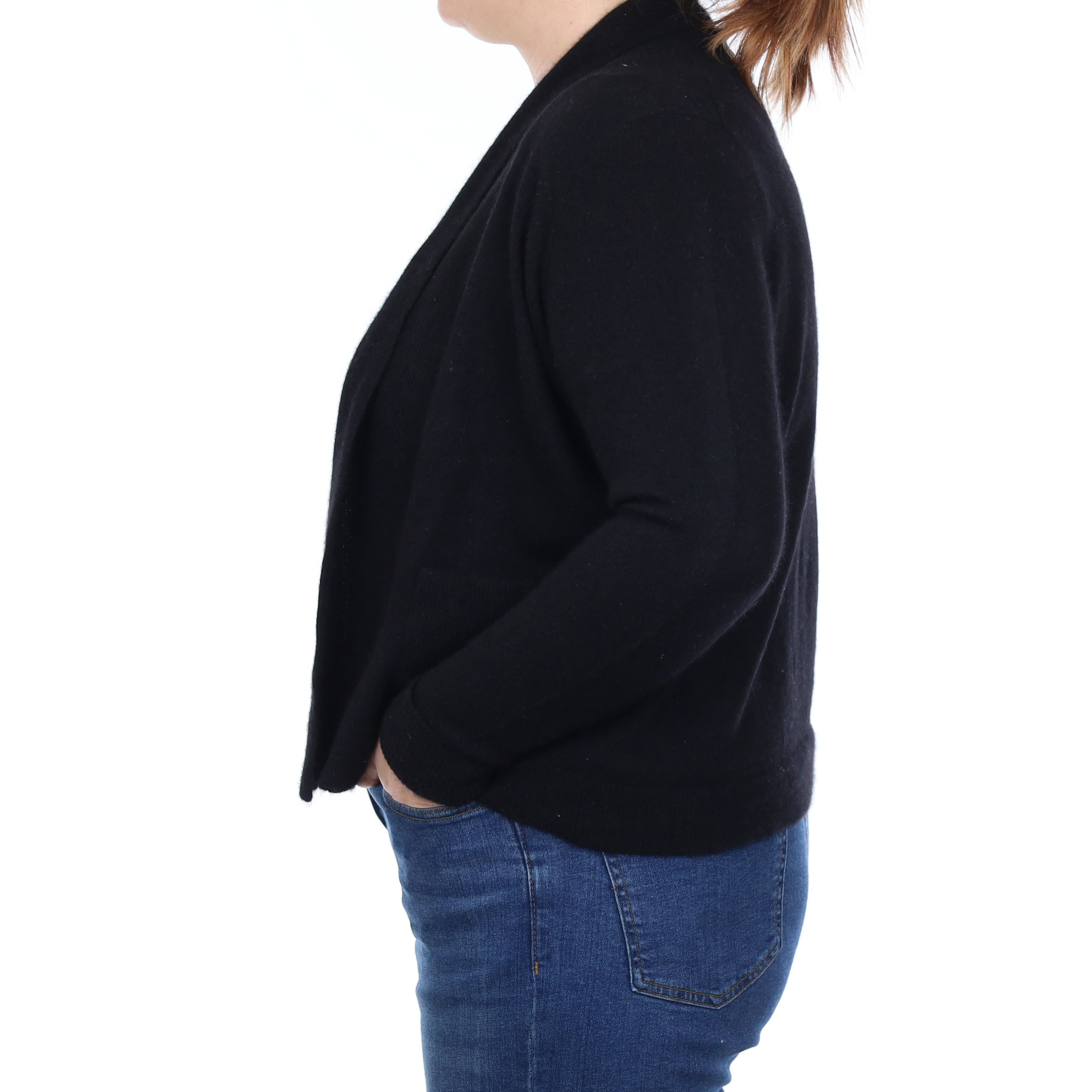 Black Cashmere Short Edge to Edge Cardigan with Pockets Large